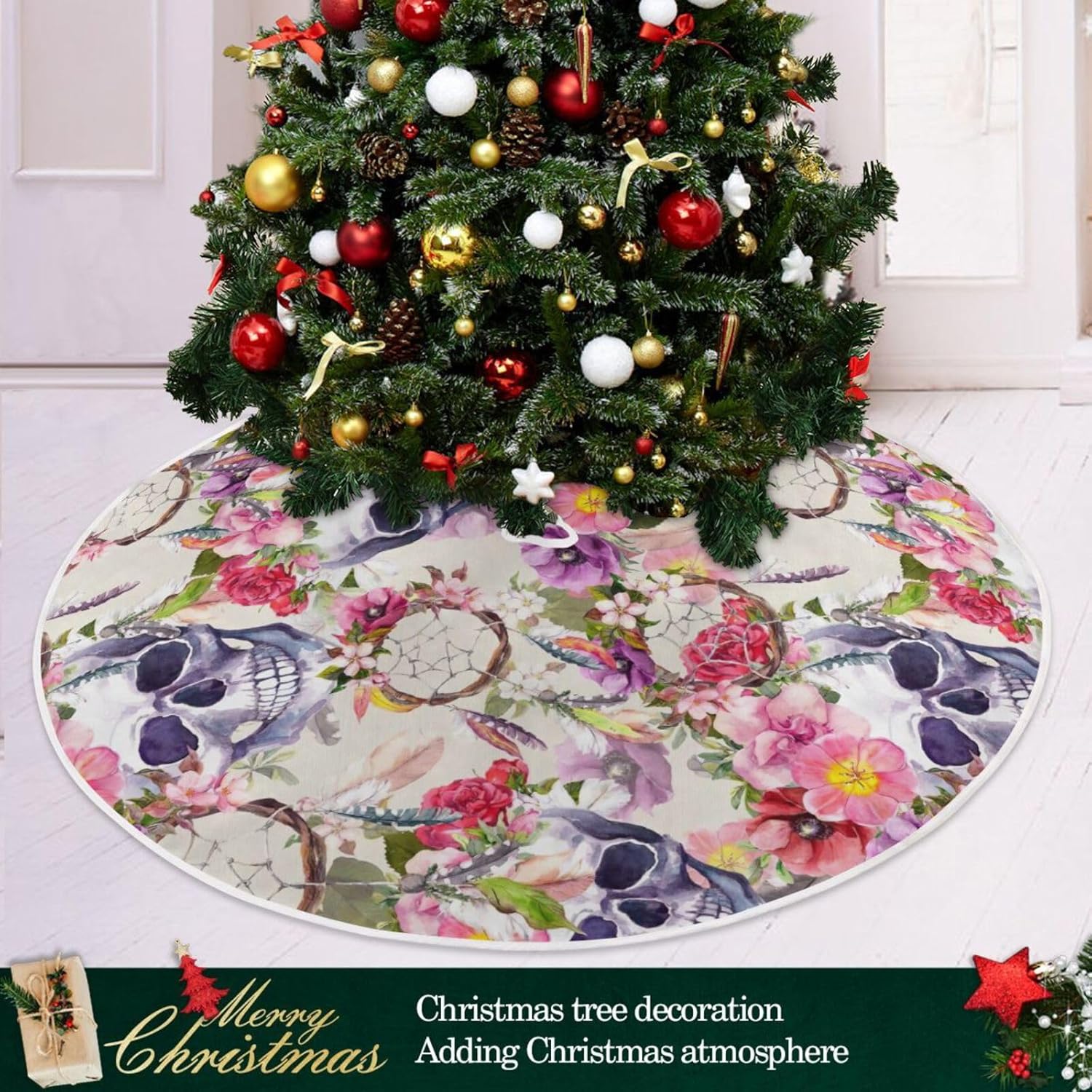 Faldas de árboles de Navidad con calaveras y flores, falda de árbol Feliz Navidad, falda de árbol moderna, decoración de árbol