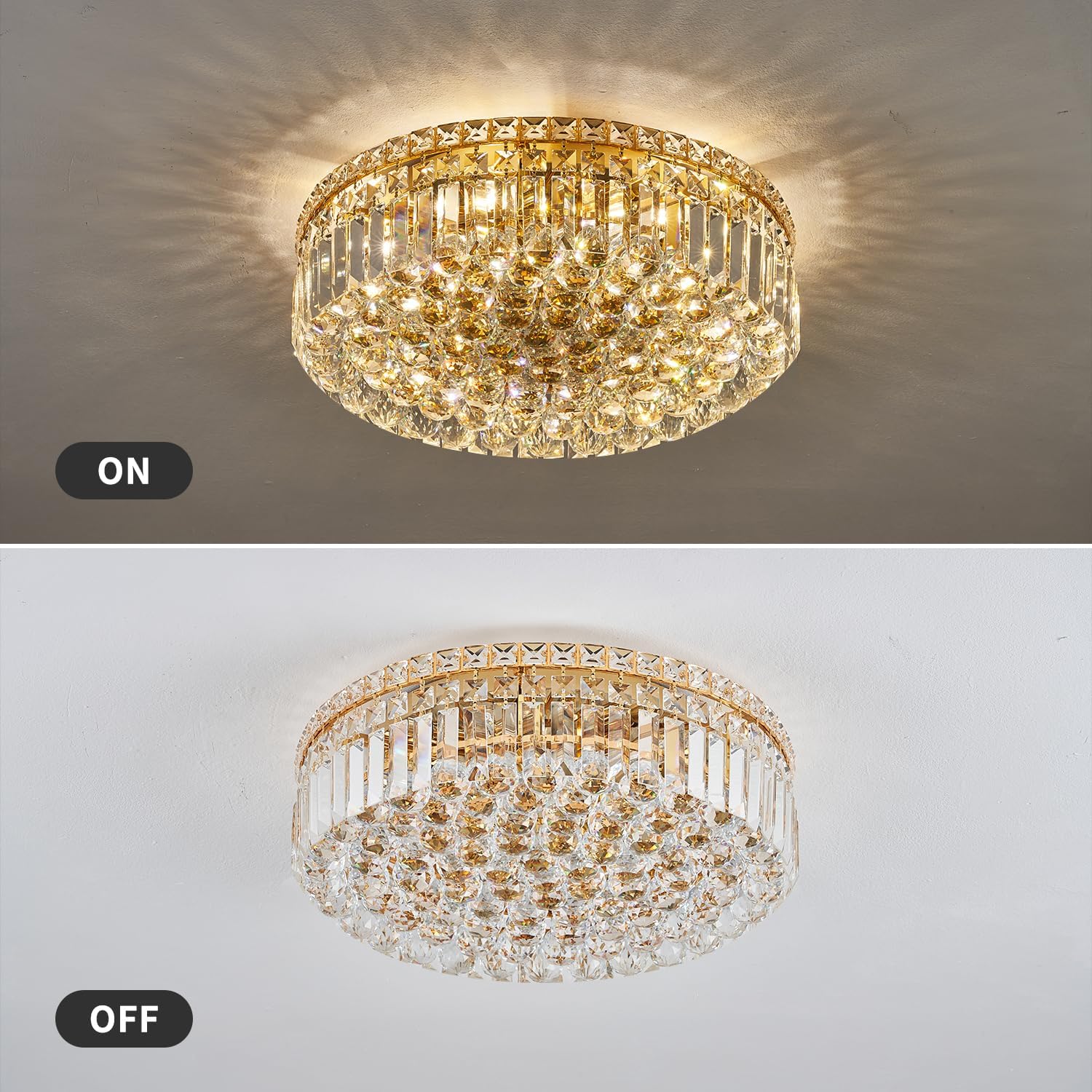 CEENLI Lámpara de araña de cristal dorado con 6 luces de montaje empotrado, lámpara de techo moderna de cristal K9, elegante lámpara colgante para