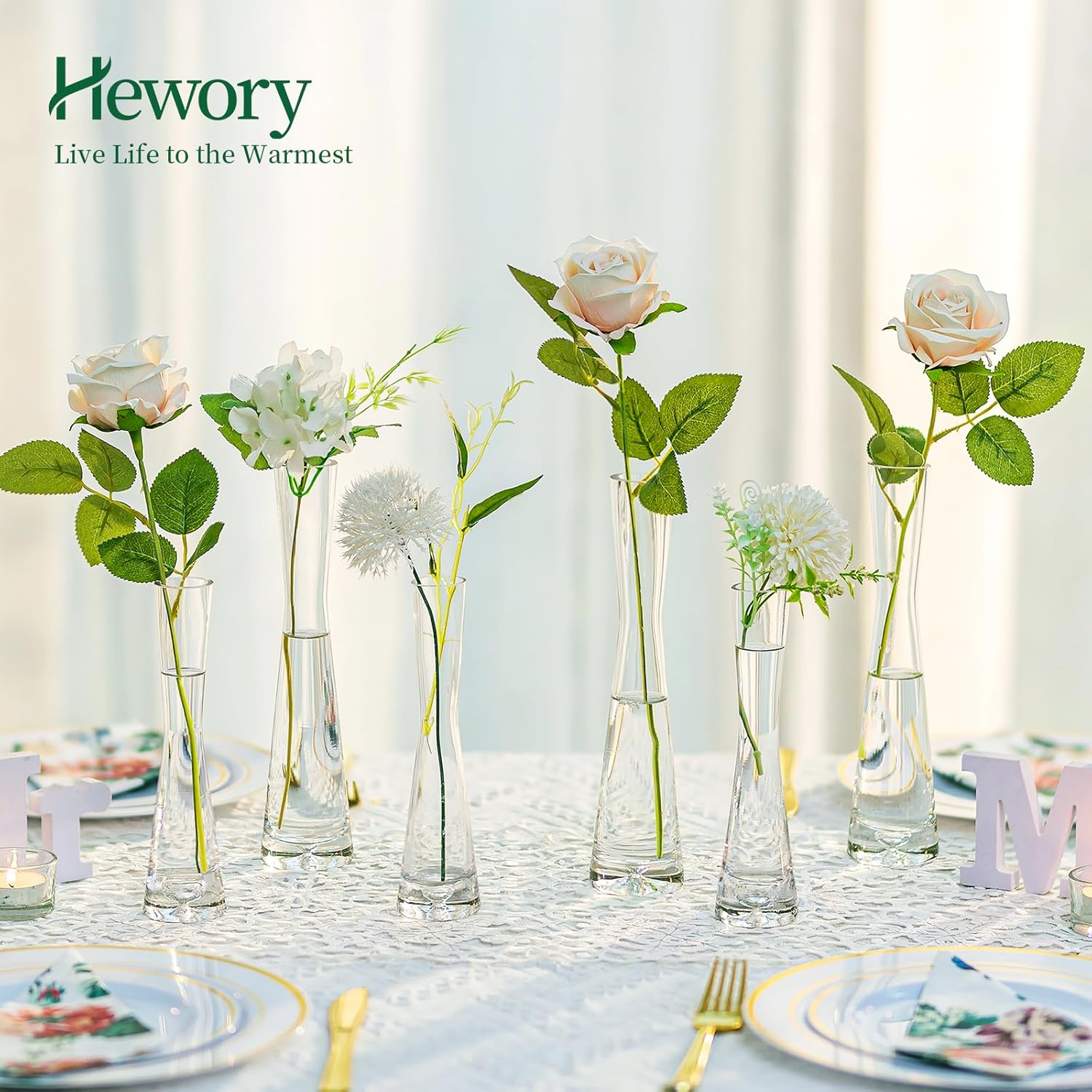 Hewory Juego de 36 jarrones de cristal para centros de mesa, hechos a mano, moderno, transparente, pequeño, delgado, decorativo, florero,