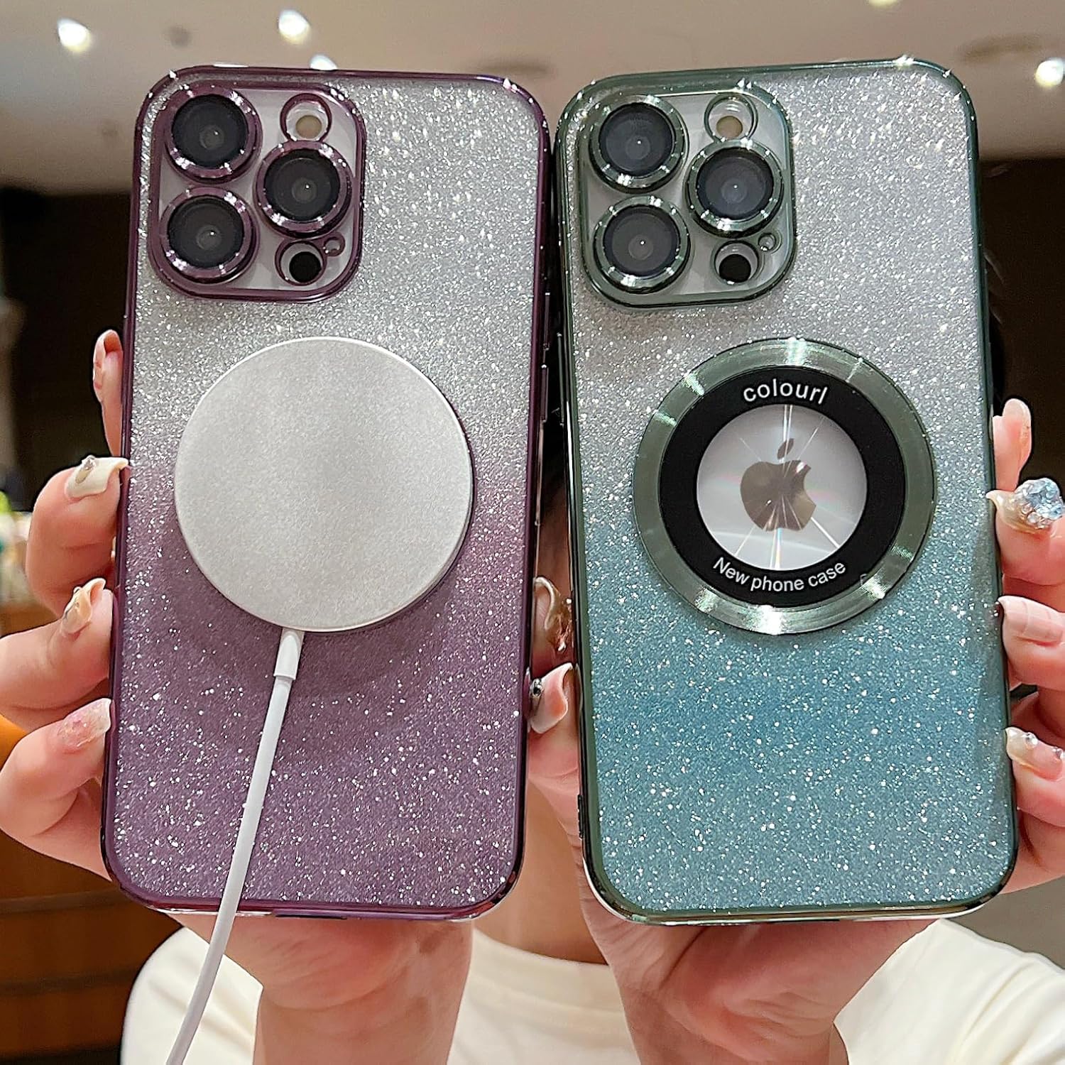 ZXDK Funda magnética con purpurina para iPhone 13 Pro Max, compatible con MagSafe con protector de cámara, funda suave y brillante de lujo, bonita y