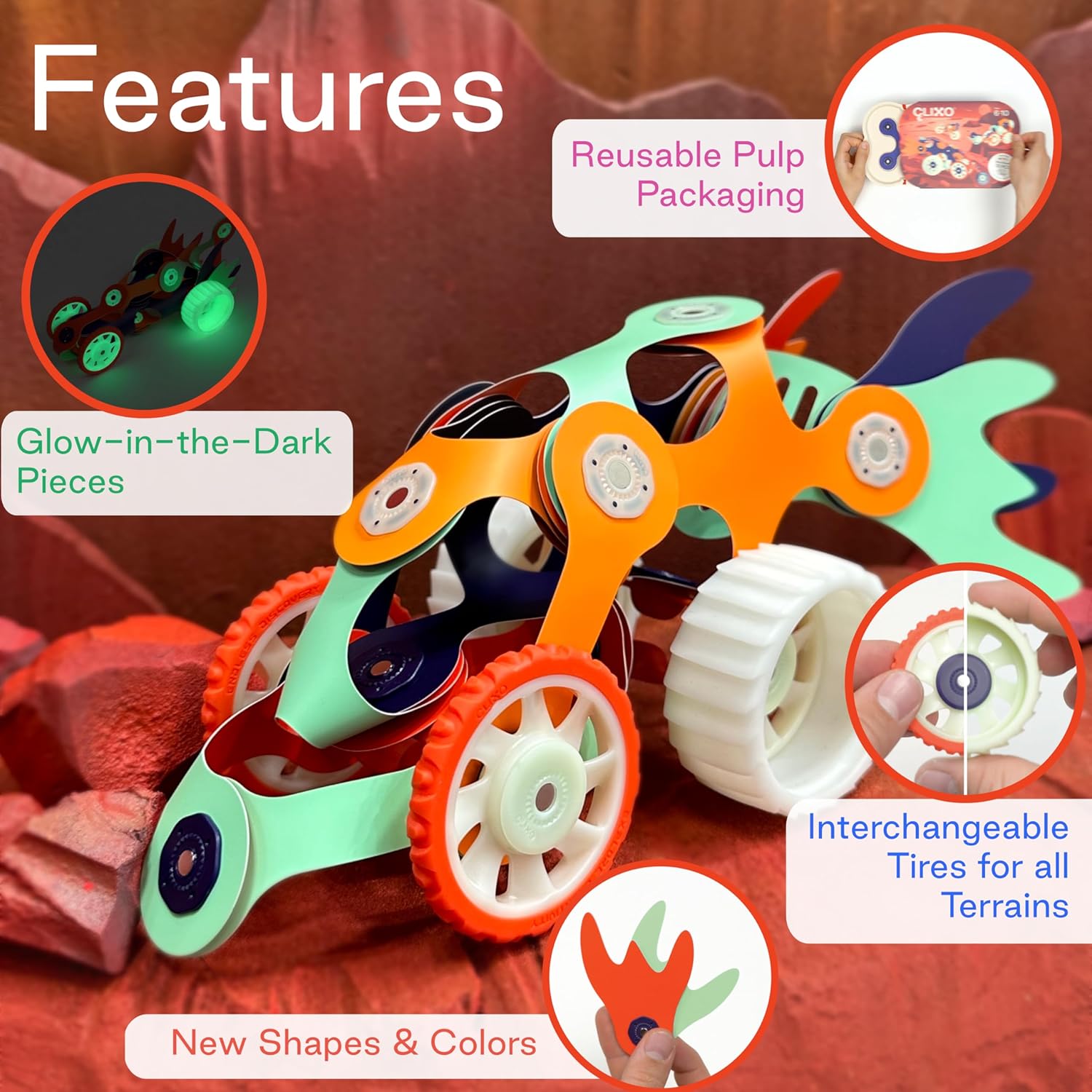 Clixo Mars Rover Pack – Juguete magnético de construcción con ruedas que brillan en la oscuridad, 30 piezas magnéticas flexibles para exploración