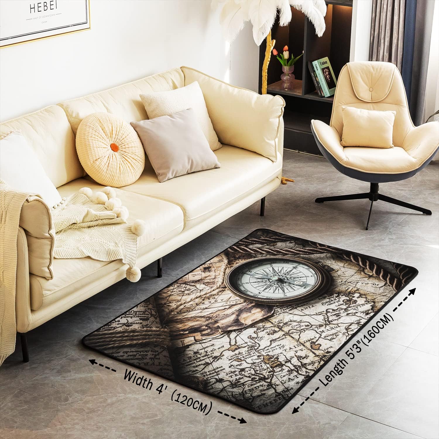 Alfombras con estampado de brújula para sala de estar, dormitorio, decoración náutica retro, alfombra decorativa, alfombra de viaje oceánico, mar,