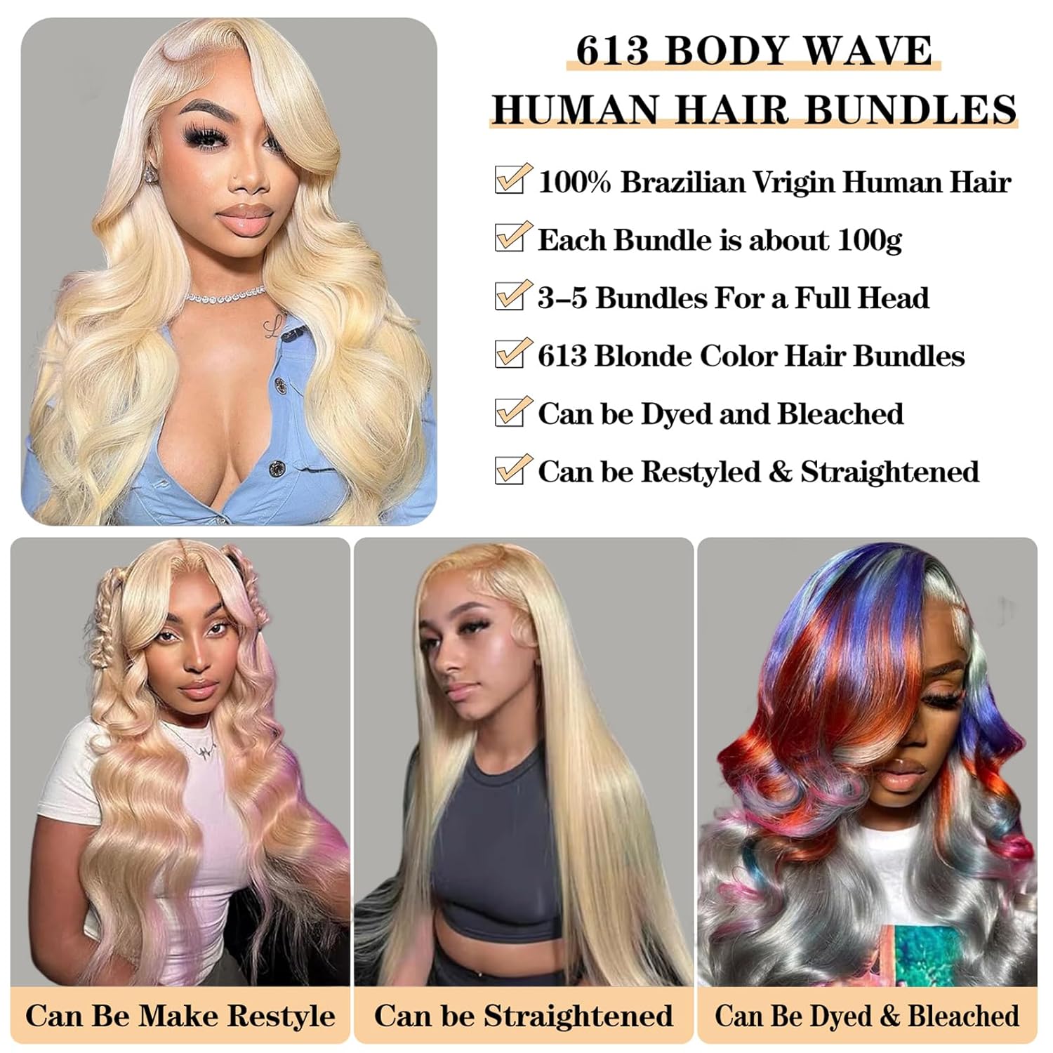Paquetes de cabello humano rubio 613 de 26 pulgadas, grado 12A, 613, paquetes de cabello humano virgen brasileño 100% sin procesar, 1 paquete de