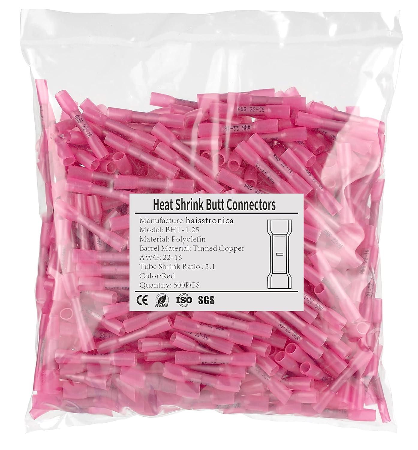haisstronica – 500 conectores a tope termorretráctiles rojos AWG22-16, conectores de alambre termorretráctiles de grado marino, cobre rojo estañado