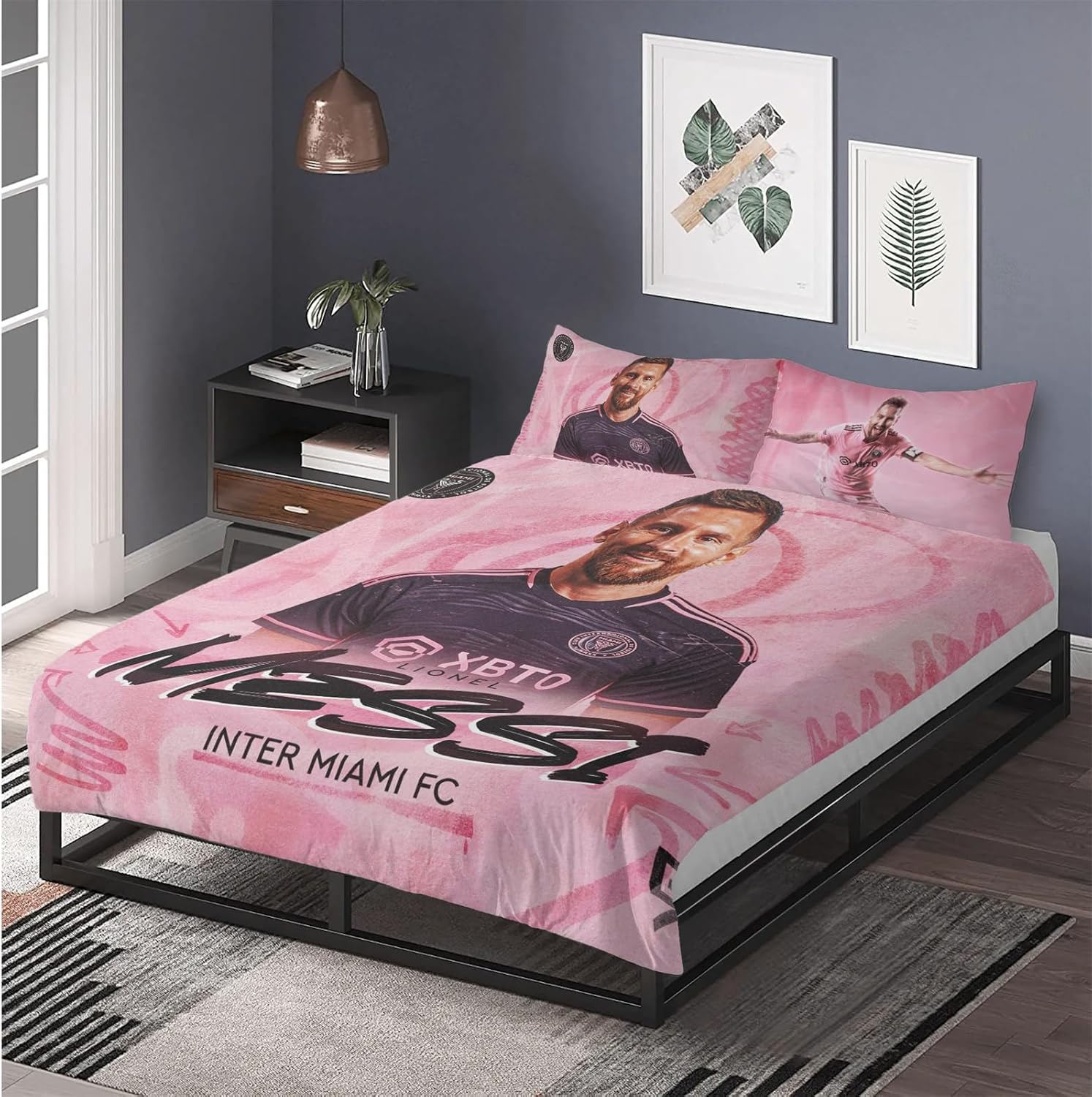 Aimery Miami – Juego de ropa de cama de fútbol, juego de funda de edredón de fútbol rosa, juego de ropa de cama de fútbol de microfibra suave, 3