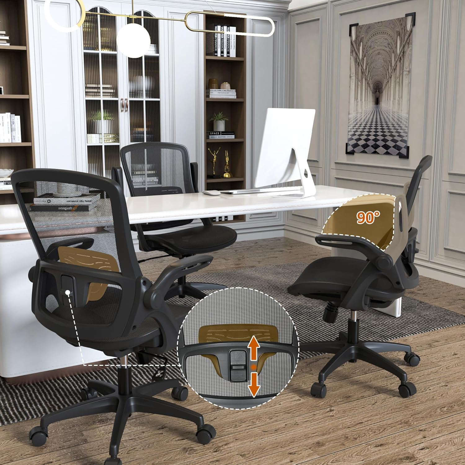 KOLLIEE Silla de oficina en casa de malla ergonómica giratoria con soporte lumbar ajustable, cómoda silla de computadora negra con brazos abatibles