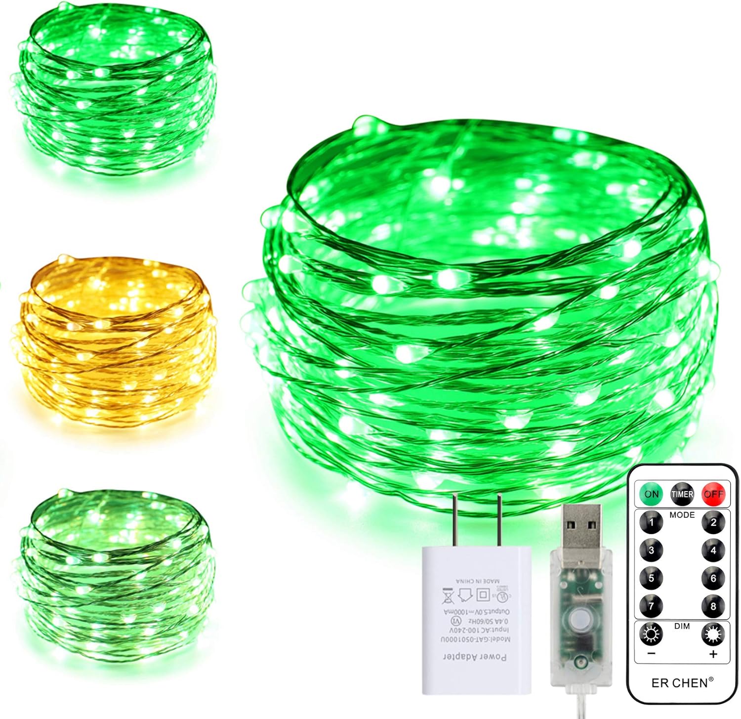 ErChen – Guirnalda de luces LED USB de doble color, 33 pies, 100 luces LED que cambian de color, regulables, 8 modos, alambre de cobre plateado,