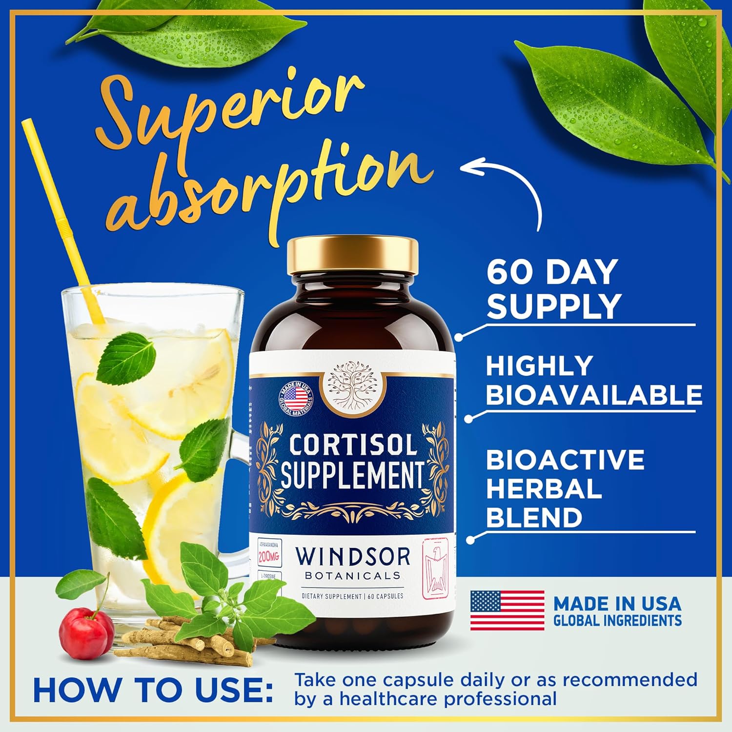 Suplemento de cortisol y reductor de cortisol, administrador de cortisol integrador con Ashwagandha calmante, L-tirosina, estado de ánimo, estrés,