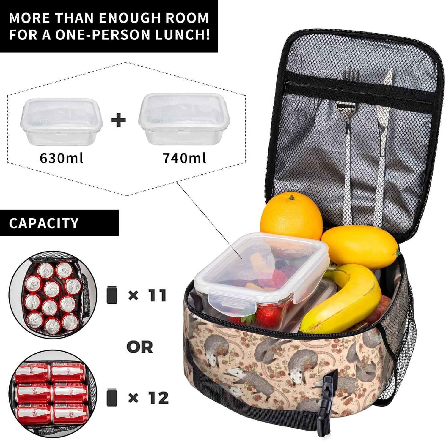 SWEET TANG Bolsa de almuerzo aislada Befuddled Possums Fiambrera Fiambrera Cremallera Bolsa suave duradera Bolsa de almuerzo reutilizable para el