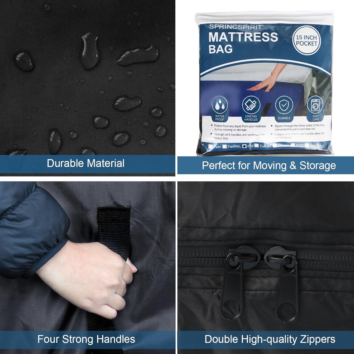 Bolsas de colchón para almacenamiento de mudanzas, 100% impermeable, con 8 asas, correas reutilizables y ajustables, tamaño individual, funda de