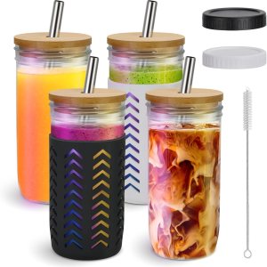 Elma Home Vasos de vidrio con tapas y pajitas, vasos de bambú reutilizables, tarro Mason de 24 onzas, paquete de 4, juego de boca ancha, vaso de Elma Home Vasos de vidrio con tapas y pajitas, vasos de bambú reutilizables, tarro Mason de 24 onzas, paquete de 4, juego de boca ancha, vaso de