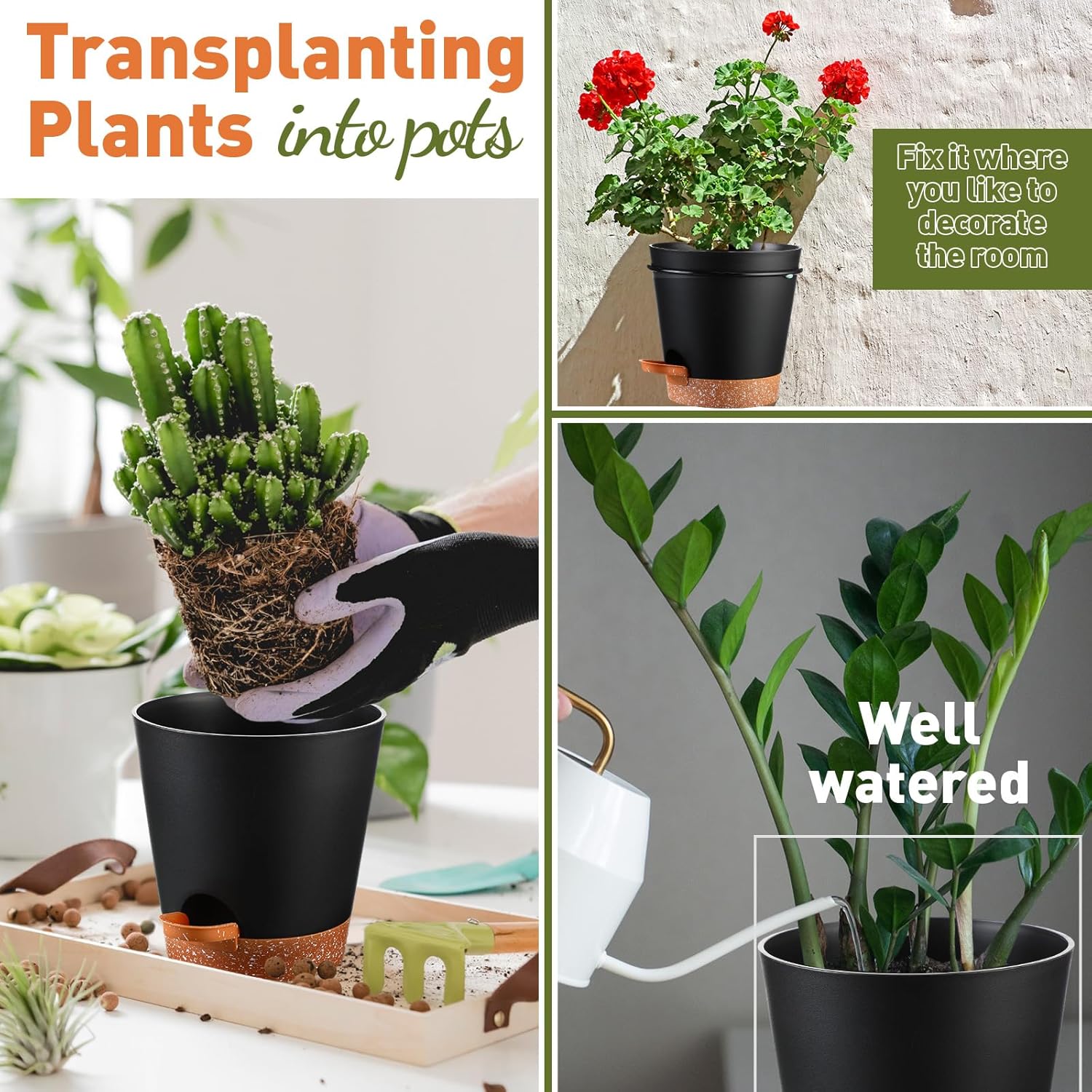 12 juegos de macetas de pared para plantas de interior de 6 pulgadas, con riego automático, 12 macetas de metal dorado con anillo de soporte y