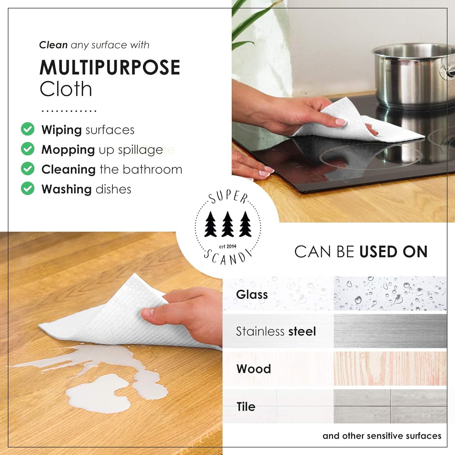 SUPERSCANDI Paquete de 5 paños de cocina suecos para cocina, 100% biodegradables y compostables, reutilizables, lavables, seguros para alimentos y