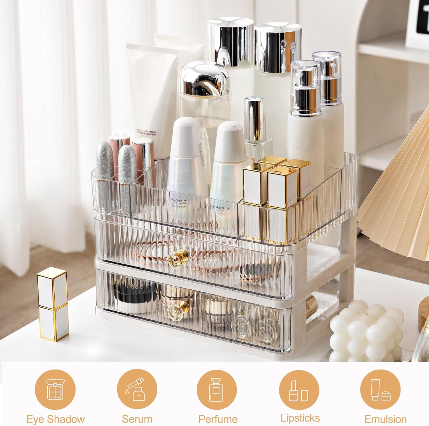 VEMURE Organizador de maquillaje con 2 cajones, vitrina de cosméticos para dormitorio, baño, tocador, soporte de almacenamiento de escritorio de