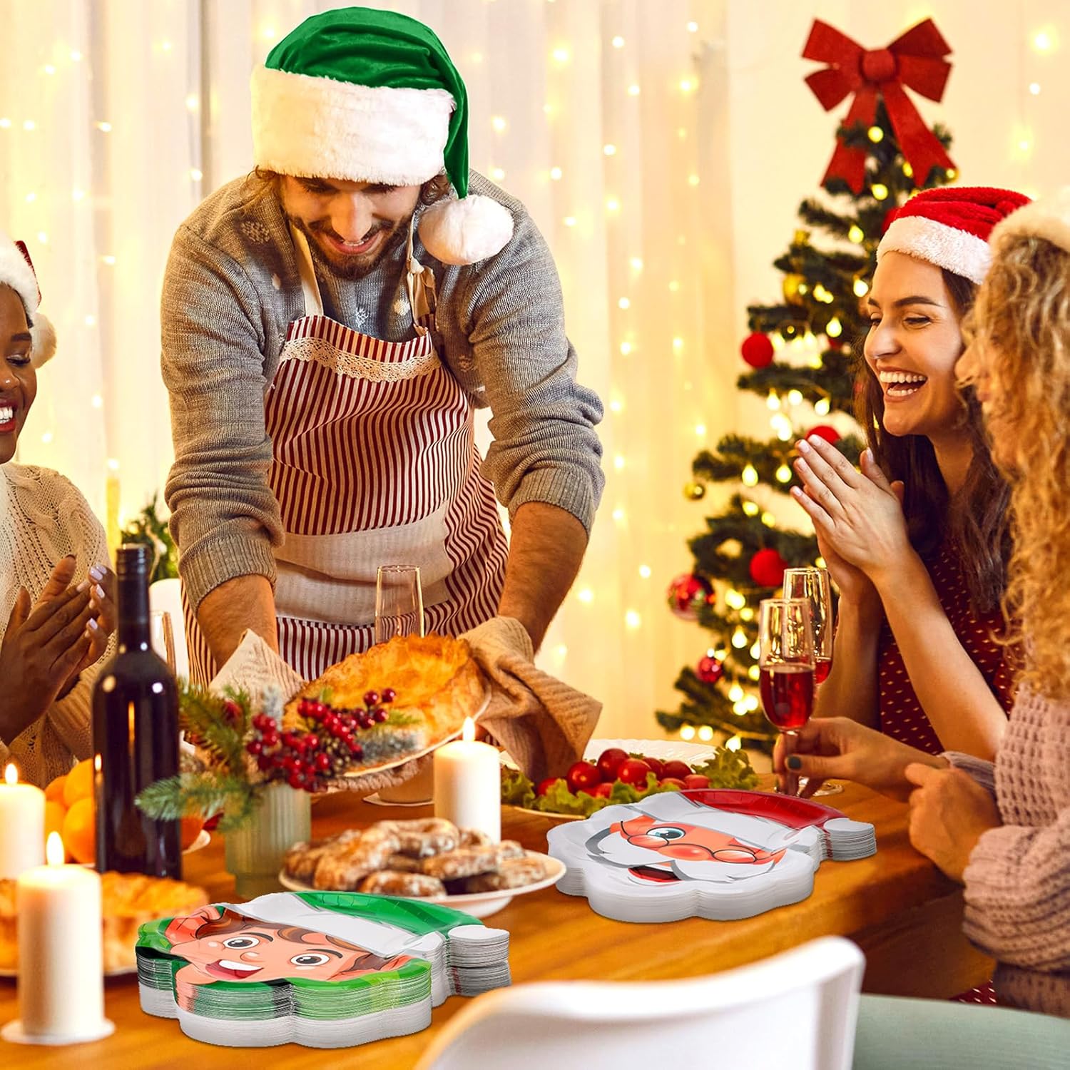 Juego de vajilla desechable de 350 piezas de Navidad, sirve 50, platos de papel de elfo de Papá Noel, servilletas lindas, tazas de cinturón de Papá