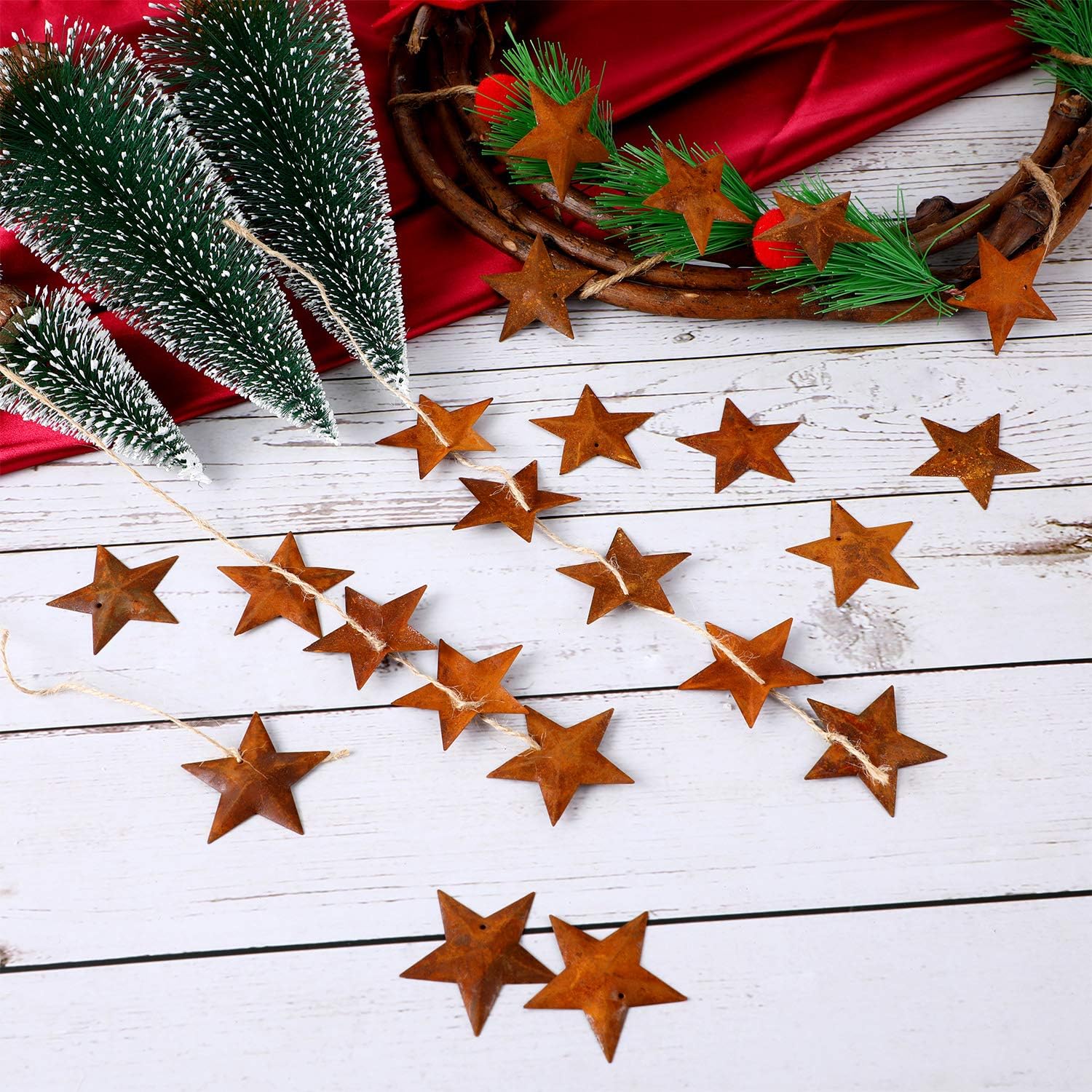 150 Pieces Christmas Rusty Metal Stars Xmas Rusty Stars with Hole and Twine for Christmas Tree Decoration Craft Supplies