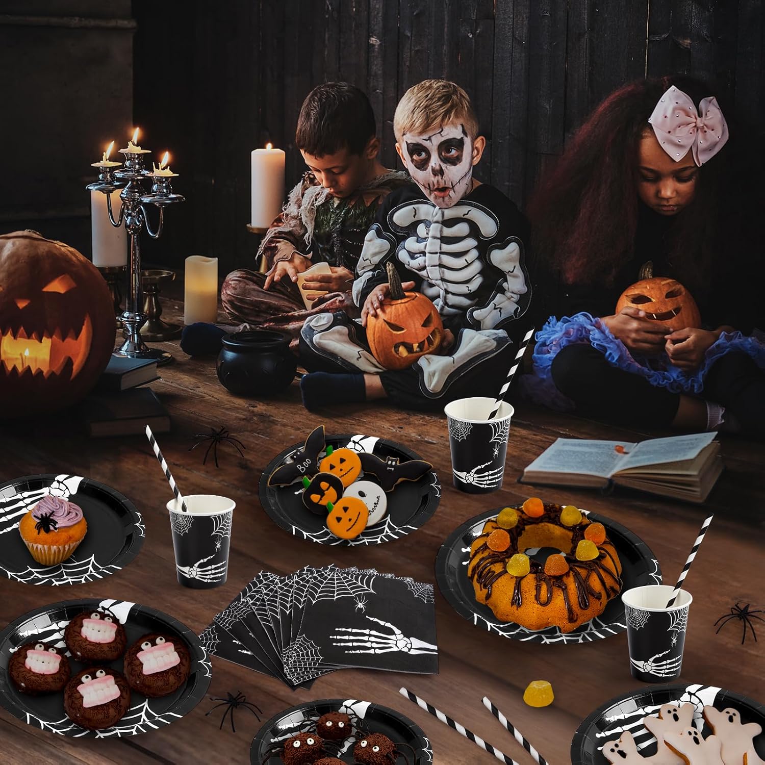 Suministros para fiesta de Halloween, decoraciones de fiesta de Halloween, el juego de vajilla de Halloween incluye platos llanos, platos de postre,