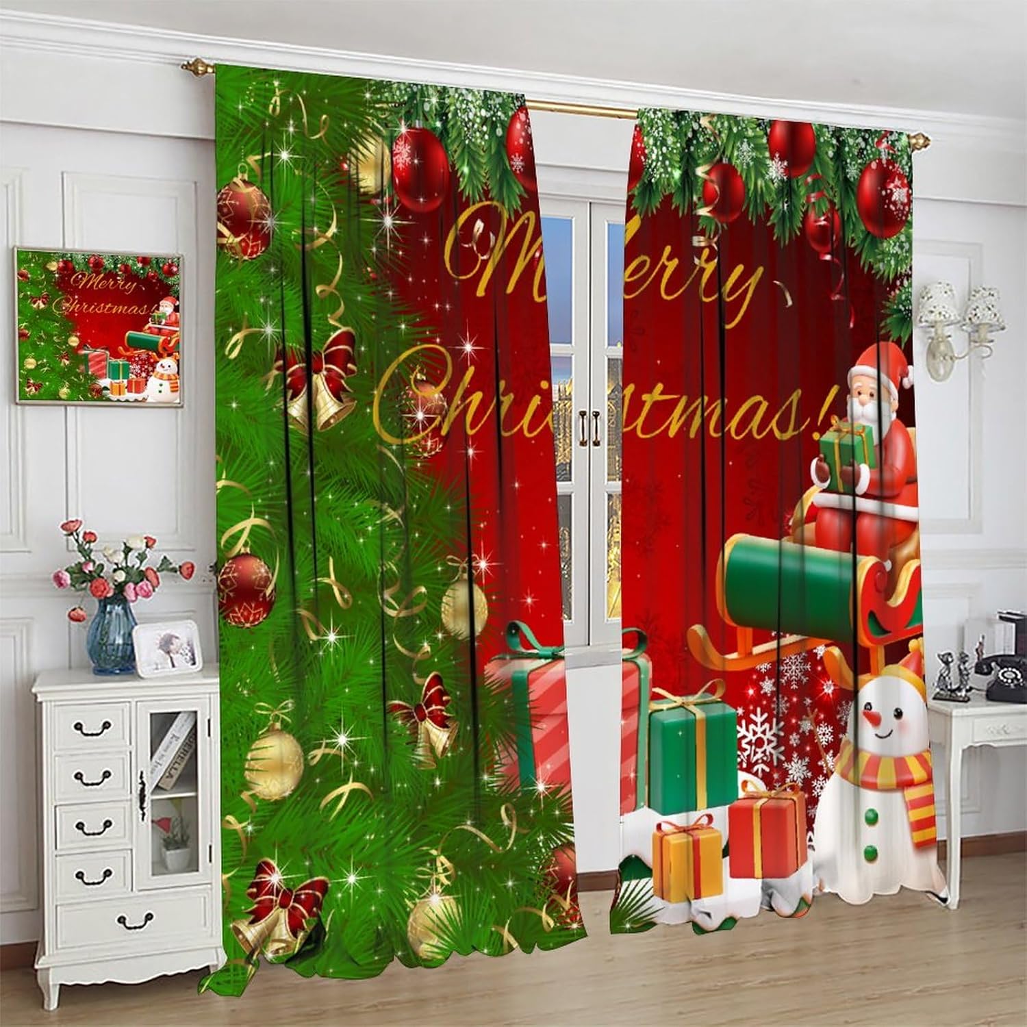 BAEKJIN Cortinas de Navidad con diseño de muñeco de nieve, árbol de Navidad brillante, regalo de Papá Noel, decoración del hogar, cuarto del bebé,