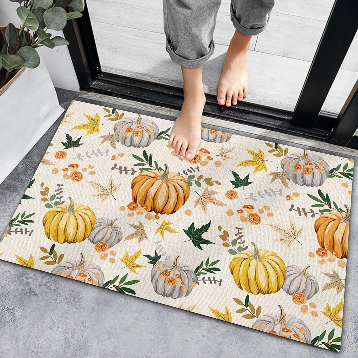 Bath Rugs Entrance Non Slip Front Door Mat Thanksgiving Pumpkin Maple Leaves on Vintage Kitchen Carpets Fall Plant Seamless Floor Mats for Bathroom