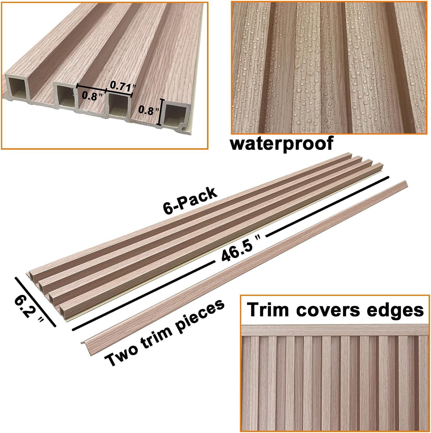 Paquete de 6 paneles de pared de listones 3D WPC Rejilla para paredes Panel compuesto de plástico de madera texturizada de roble con textura de tira