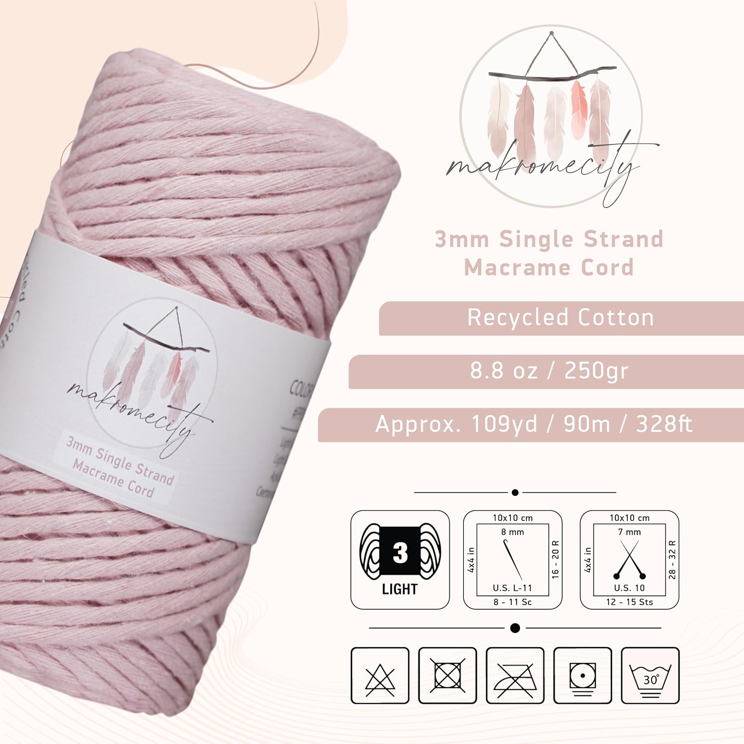 Makromecity, Cordón de macramé de una sola hebra, de 0.118 in x 109 yardas (328 pies) de 0.118 in, una sola hebra, de algodón rosa bebé, para