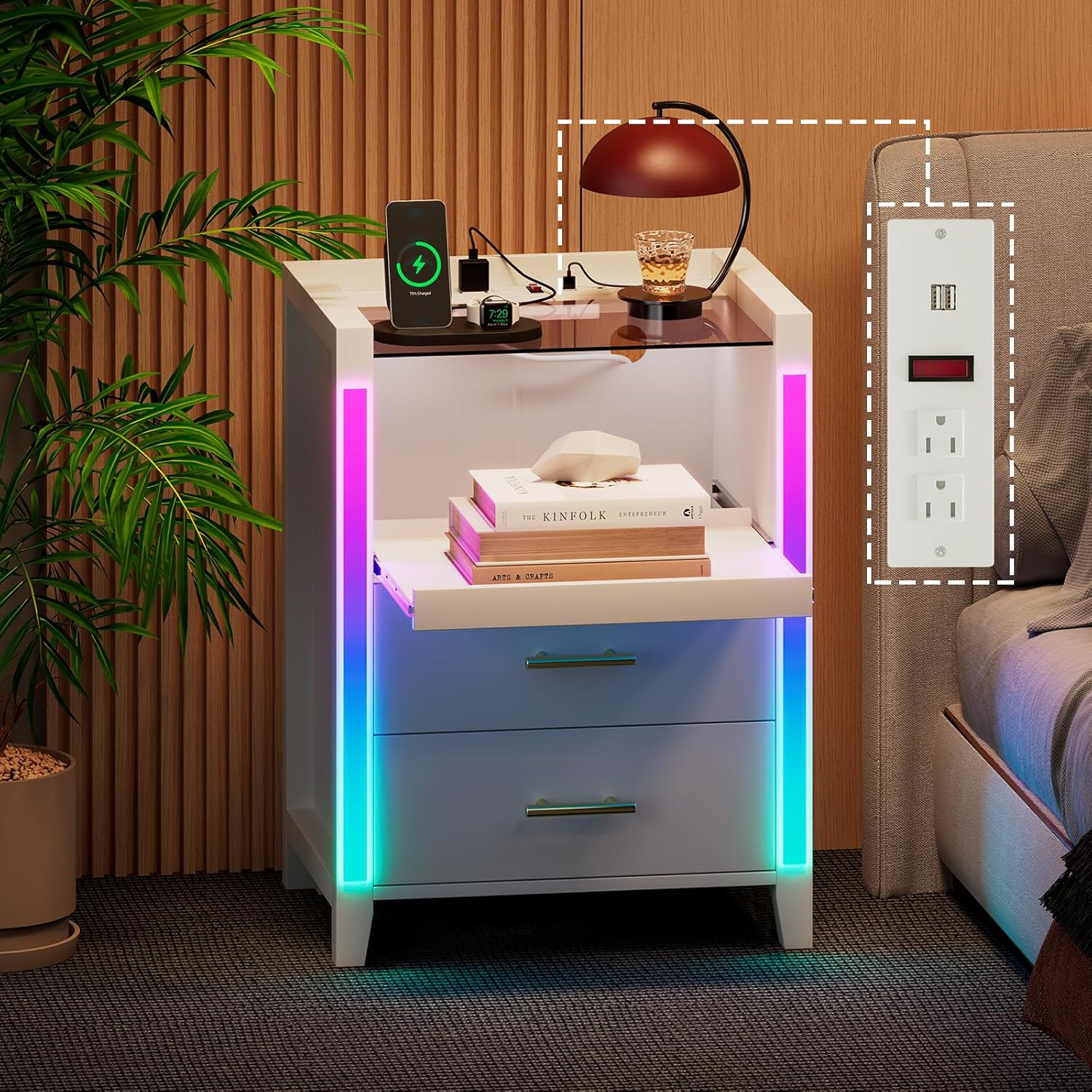 Mesita de noche con estación de carga, luces LED, mesita de noche con estante extraíble y 2 cajones, mesita de noche con mesa de vidrio templado,