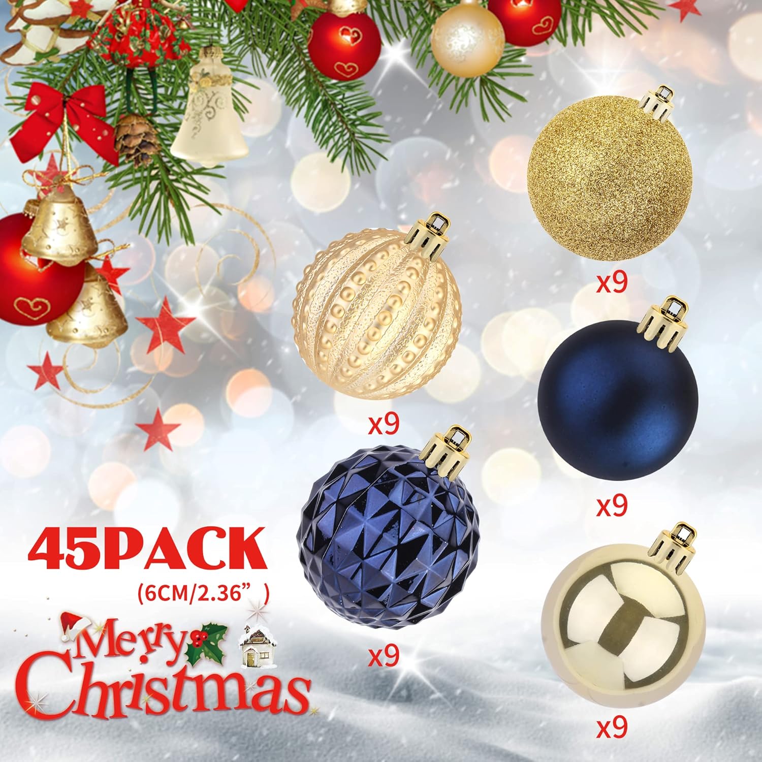 45 adornos de bola de Navidad de 2.36 pulgadas (2.362 in), bolas de plástico inastillables para árboles de Navidad, festivales, fiestas en casa y