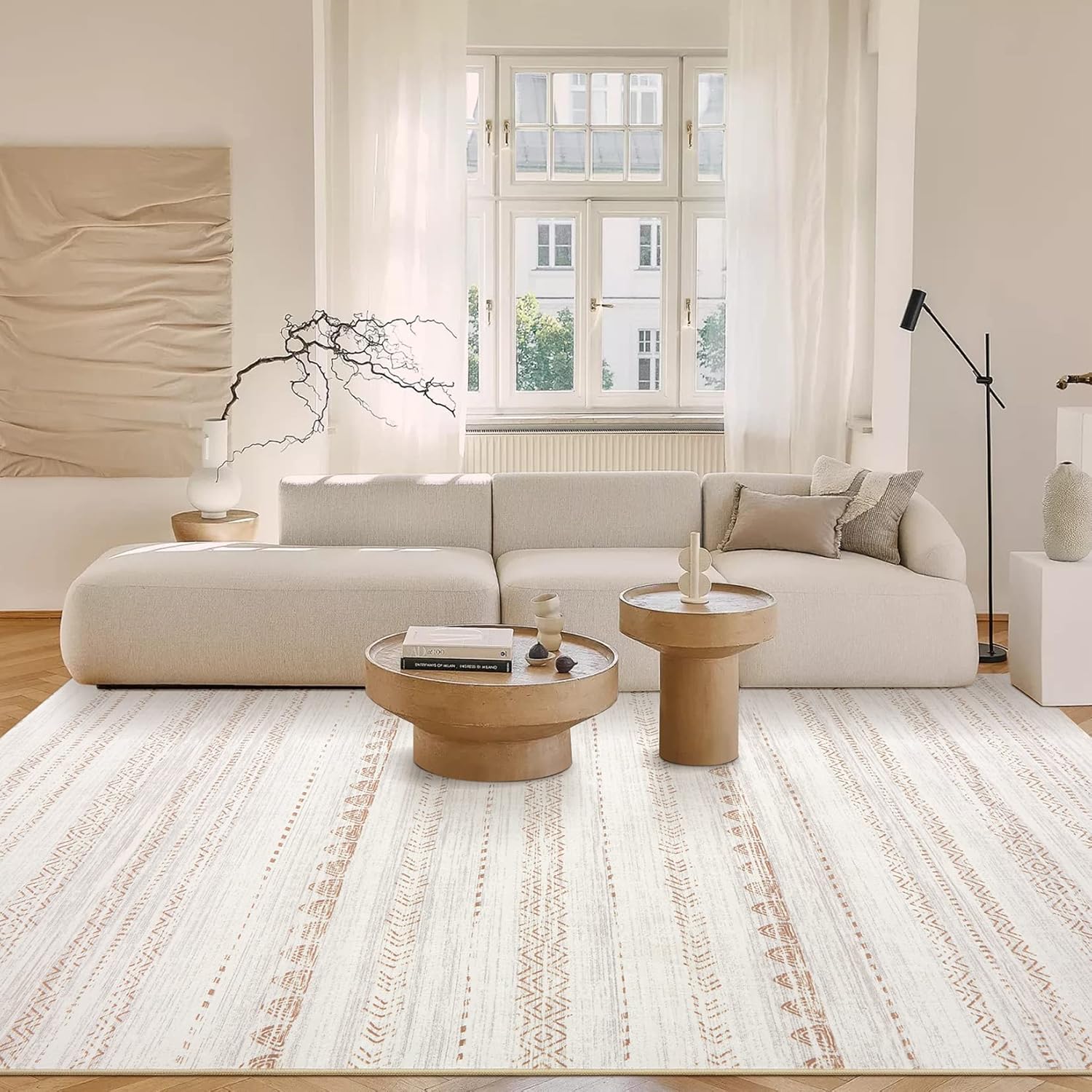 Alfombra de área para sala de estar 6 x 9 pies, grande, suave, lavable a máquina, estilo bohemio, marroquí, casa de campo, neutro, resistente a las
