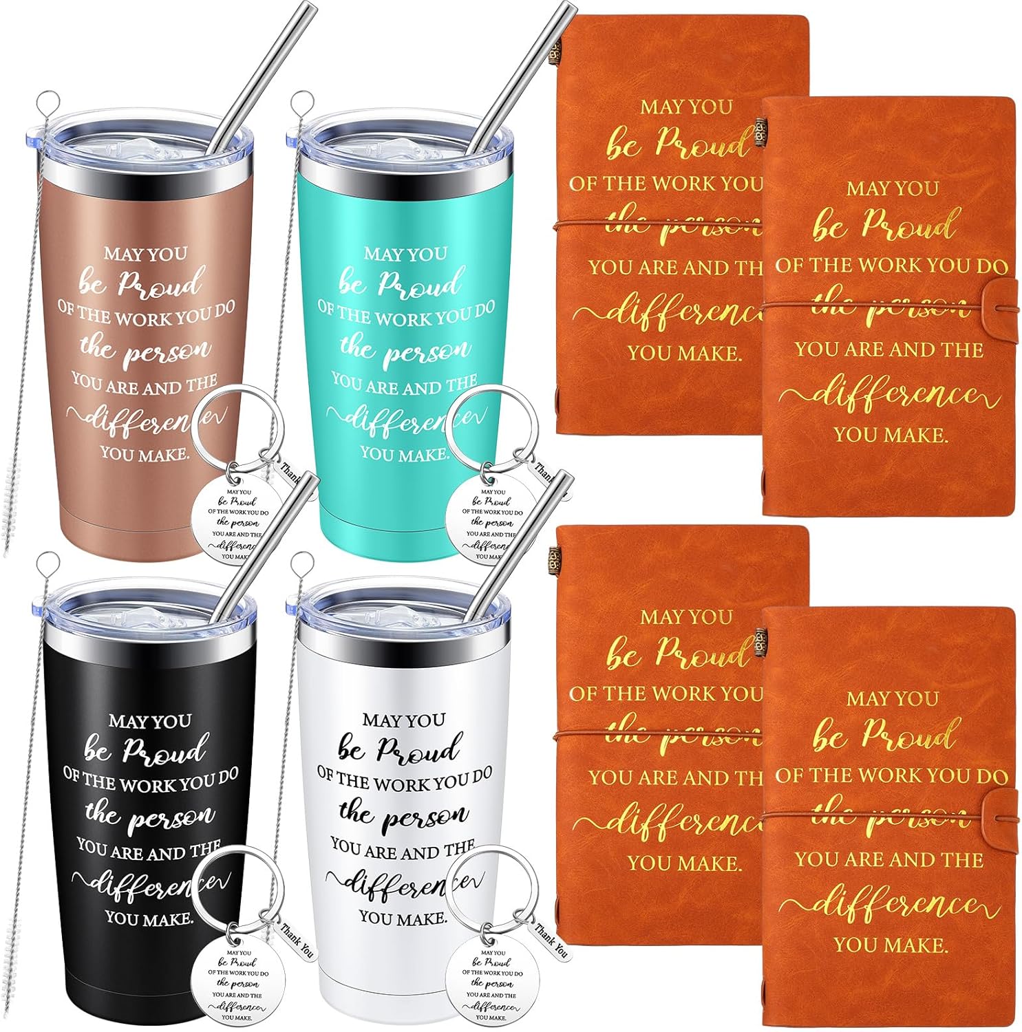 El juego de 4 regalos de agradecimiento para empleados incluye vaso de viaje aislado de acero inoxidable de 20 onzas, diario de cuero y llavero May