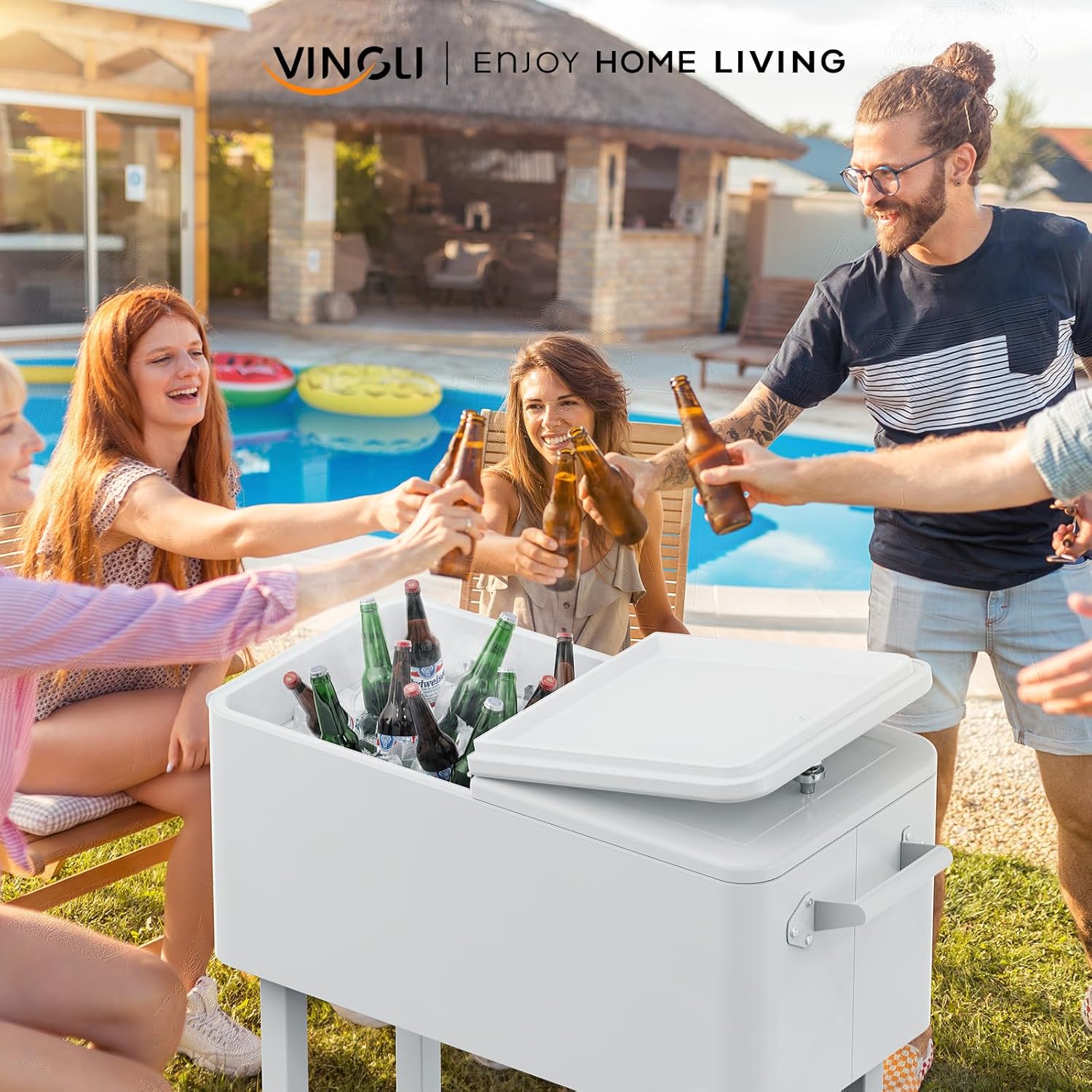 VINGLI Carrito rodante de 80 cuartos de galón con ruedas, enfriador de bebidas portátil para bar, fiesta de patio, piscina, baúl de hielo con
