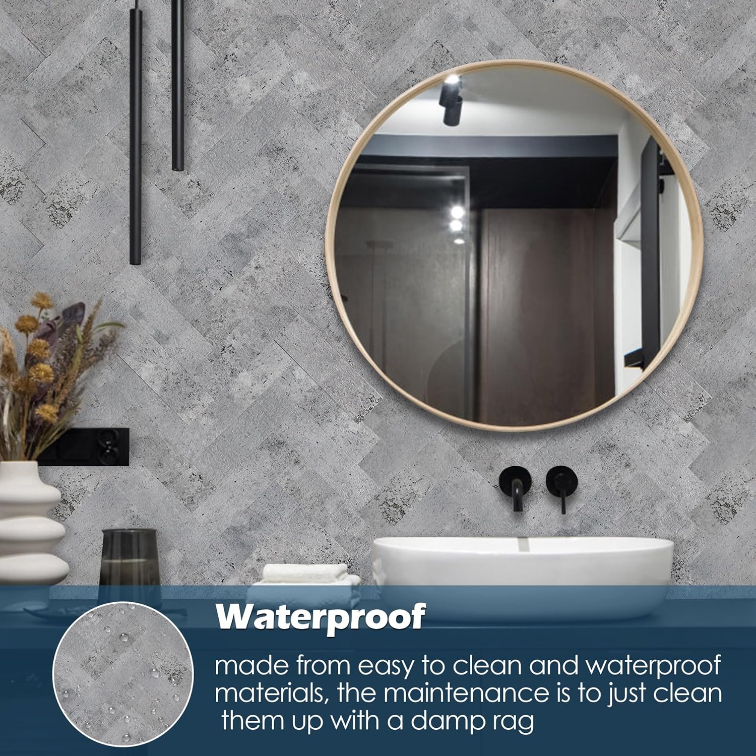 Yipscazo Azulejos gruesos de 10 hojas de espiga para despegar y pegar, azulejos de pared de cemento gris de PVC 3D de 12 x 12 pulgadas para