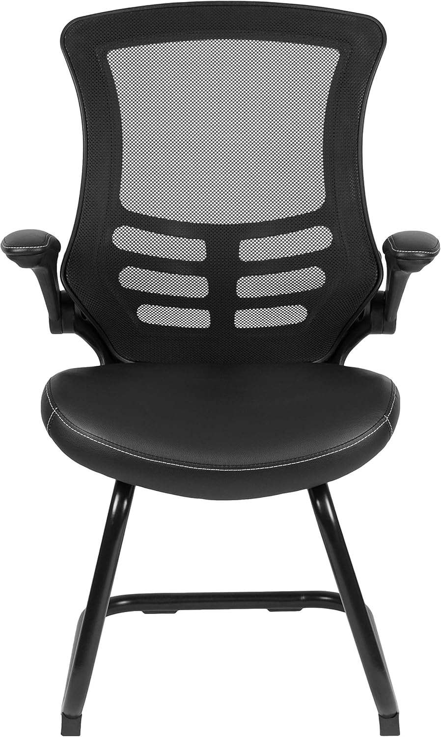 EMMA + OLIVER Silla de recepción lateral con base de trineo de malla negra con asiento LeatherSoft y brazos abatibles