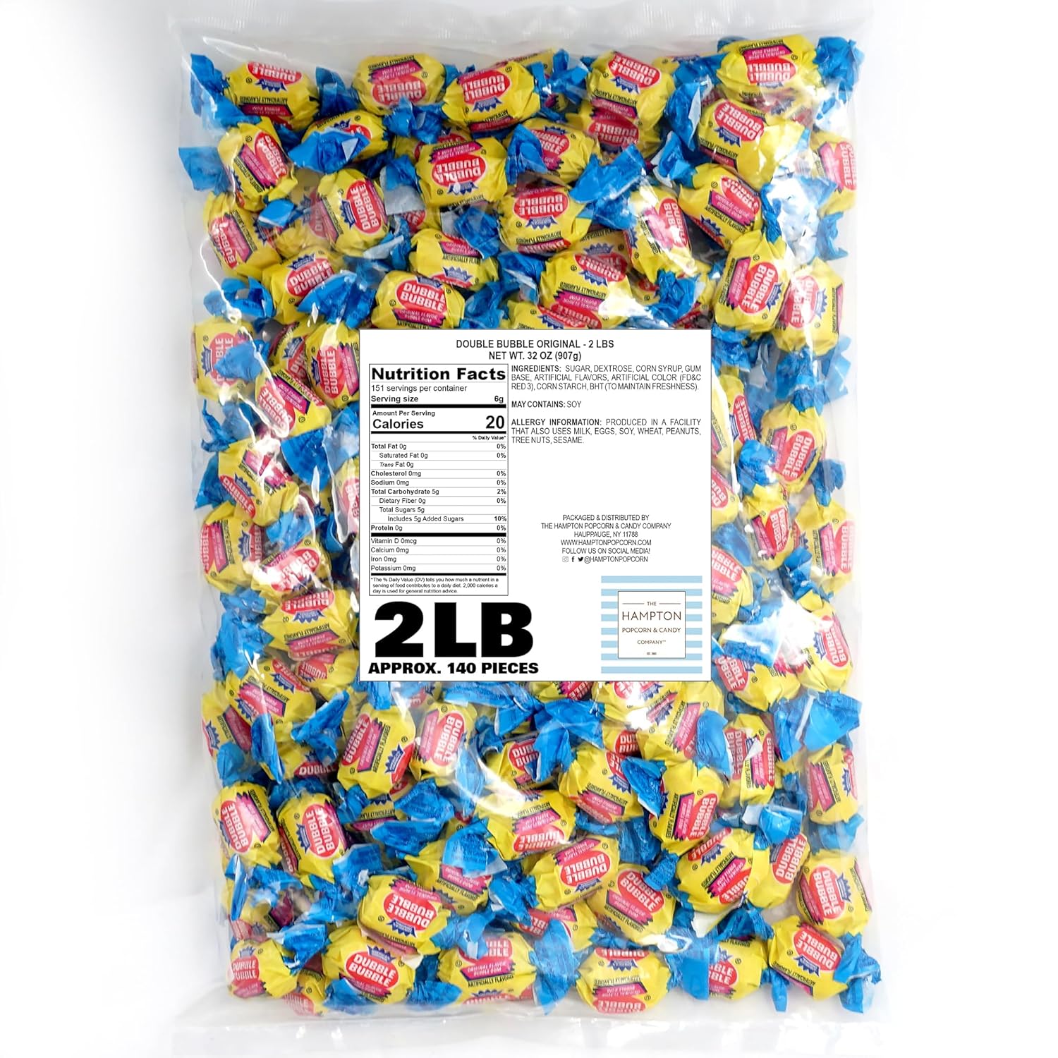 Dubble Bubble Original Gum  Bolsa a granel de 2 libras (aproximadamente 140 piezas)  Goma de mascar envuelta individualmente  The Hampton Popcorn &