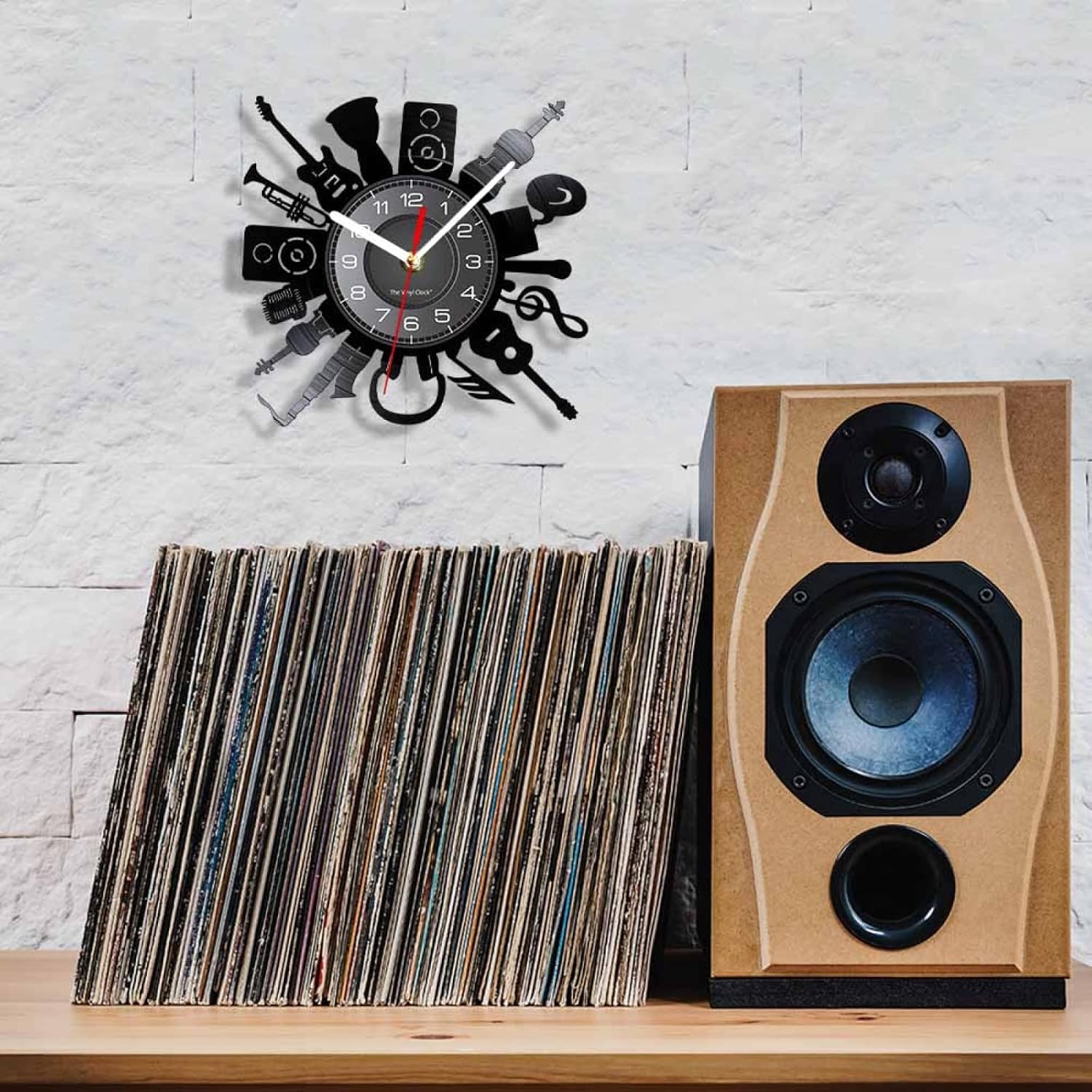OTKU Reloj de pared de 12 pulgadas, banda de música, instrumentos, tema, reloj de pared, disco de vinilo, música, guitarra, trompeta, silencioso,