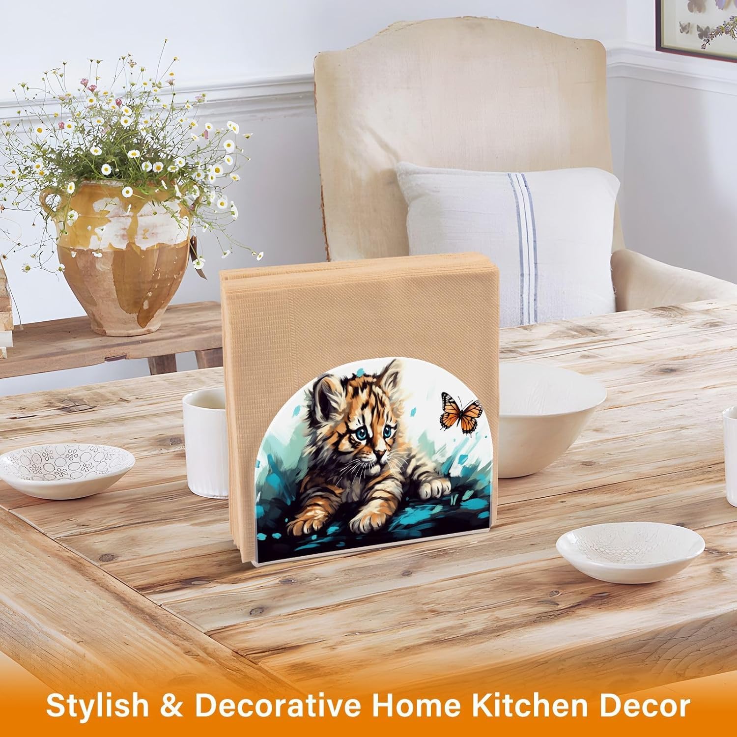 Napkin Holder Cat Plays Butterfly Napkin Holders for Tables, Clear Acrylic Napkin Holders Cocktail Napkin Holder for Kitchen Restaurant Bar Home