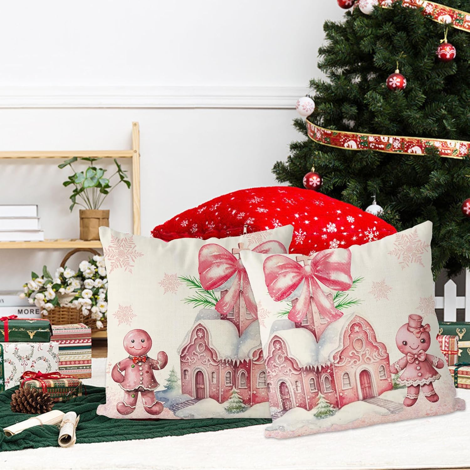 GAGEC Juego de 2 fundas de almohada de Navidad de 18 x 18 pulgadas, color rosa de jengibre, fundas de almohada de invierno para decoración del