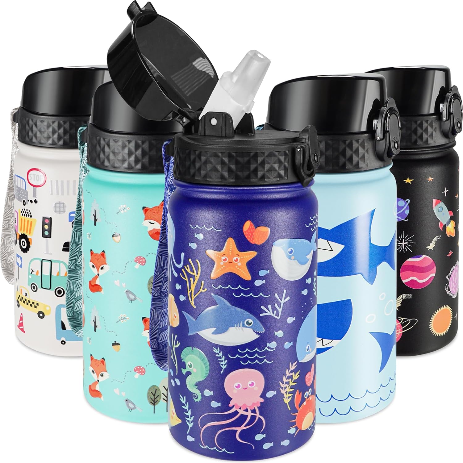 GOPPUS Botella de agua aislada para niños, 14 onzas, sin BPA, botella de viaje de acero inoxidable 188 con popote y doble pared al vacío a prueba de