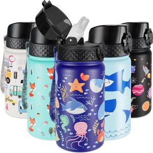 GOPPUS Botella de agua aislada para niños, 14 onzas, sin BPA, botella de viaje de acero inoxidable 188 con popote y doble pared al vacío a prueba de GOPPUS Botella de agua aislada para niños, 14 onzas, sin BPA, botella de viaje de acero inoxidable 188 con popote y doble pared al vacío a prueba de