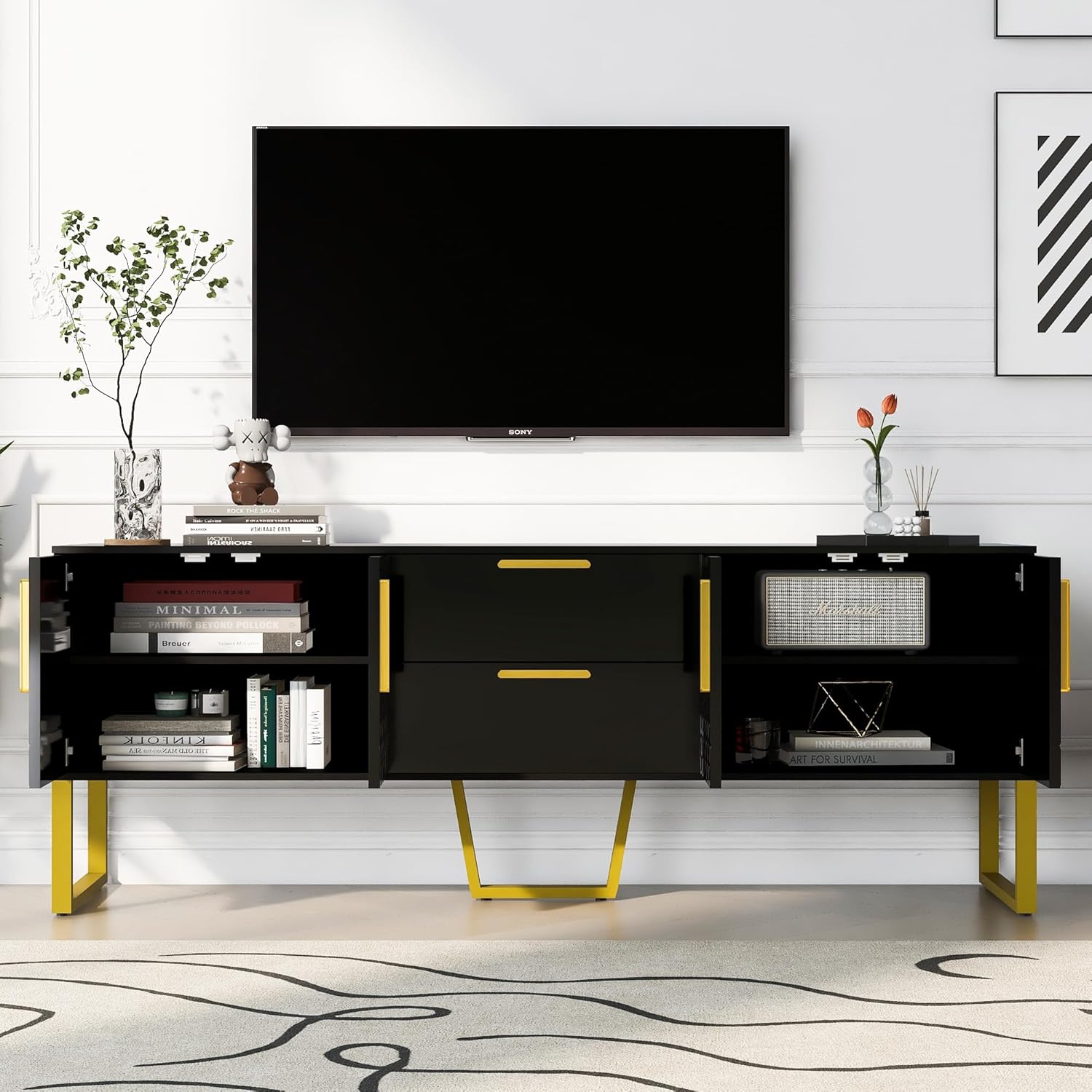 Moderno mueble de almacenamiento para TV con 2 cajones y gabinetes, mesa consola de TV para sala de estar con patas y asas de metal para televisores