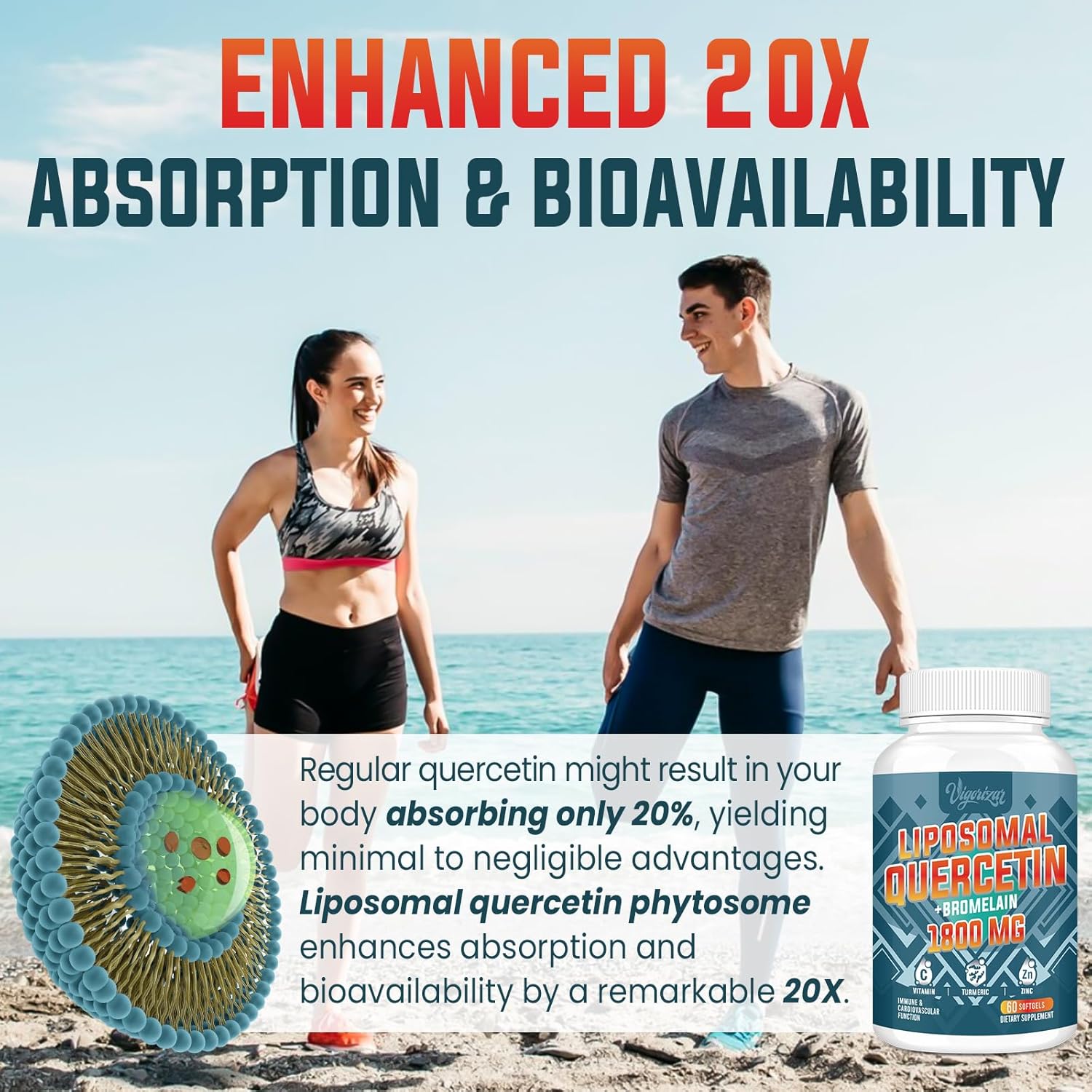 1600 MG Liposomal Quercetin Phytosome, 20X Higher Absorption, Quercetin with Bromelain, Zinc & Vitamin C, Quercetin Supplement for Immunity, Normal