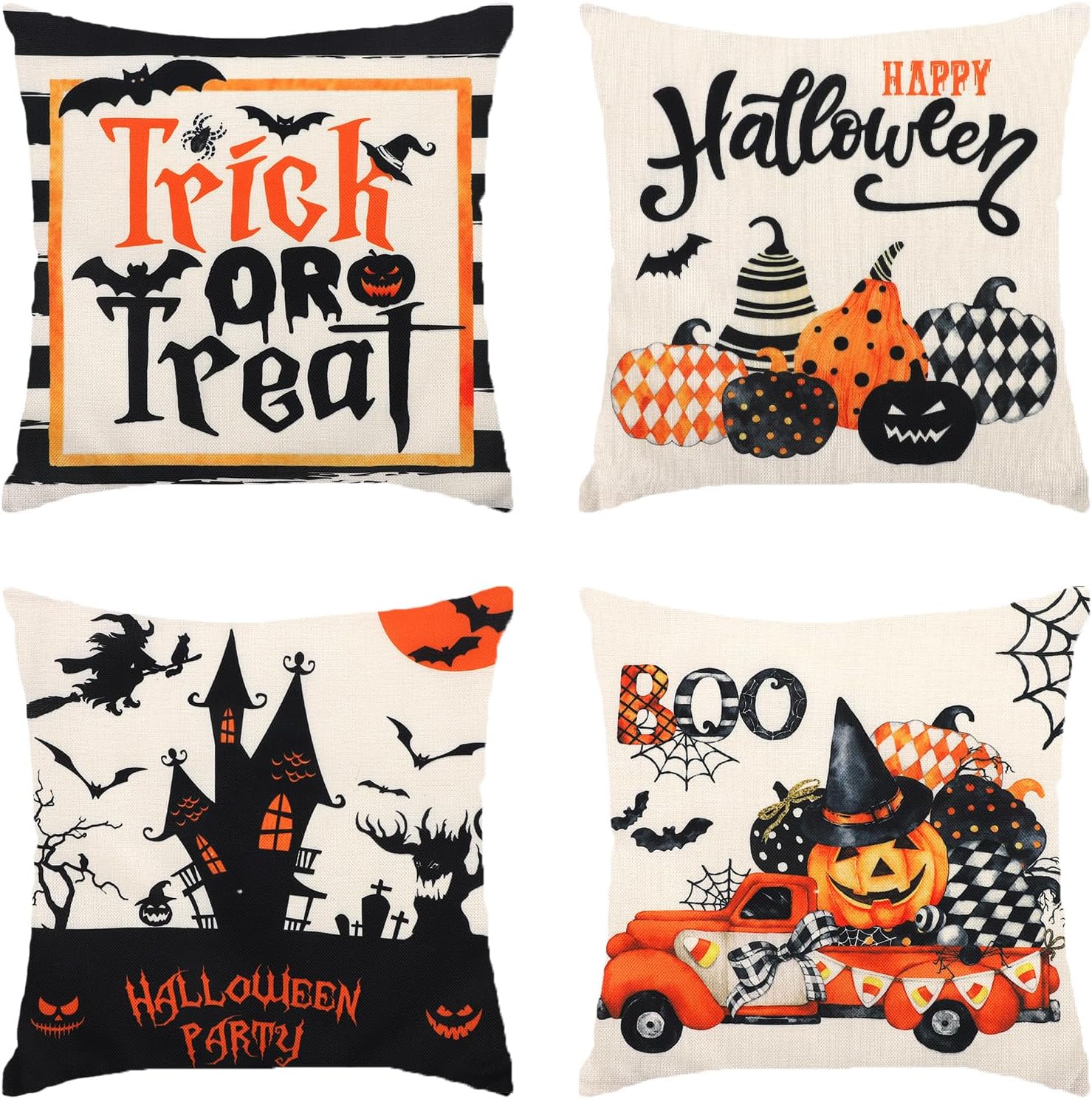 Juego de 4 fundas de almohada de Halloween, 18 x 18 pulgadas, fundas de cojín de bruja murciélago y calabaza, fundas de almohada de Halloween para