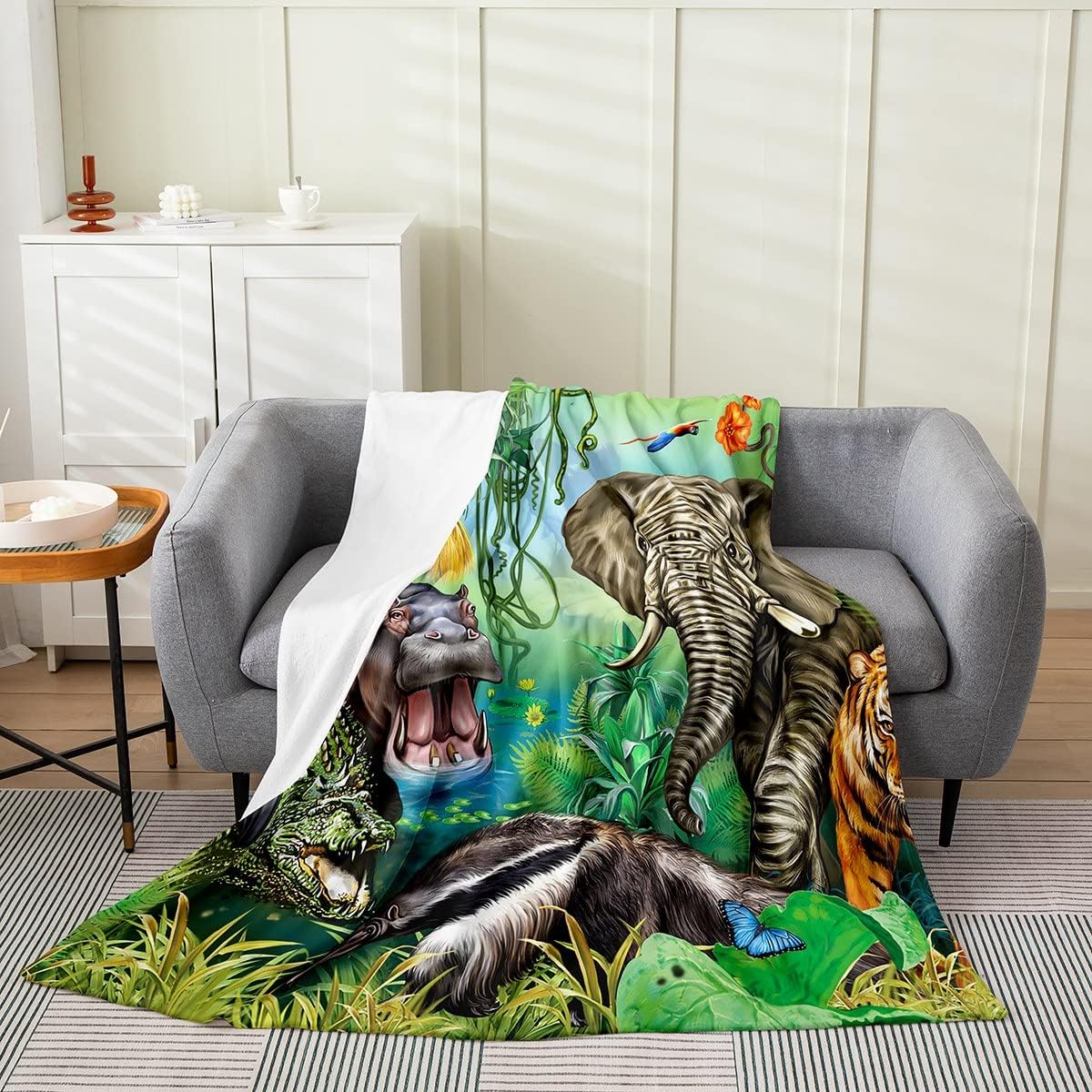 Manta de animales de la selva, tamaño individual de 60 x 80 pulgadas, manta de cocodrilo, hipopótamo, elefante, tigre para niños y niñas, manta de