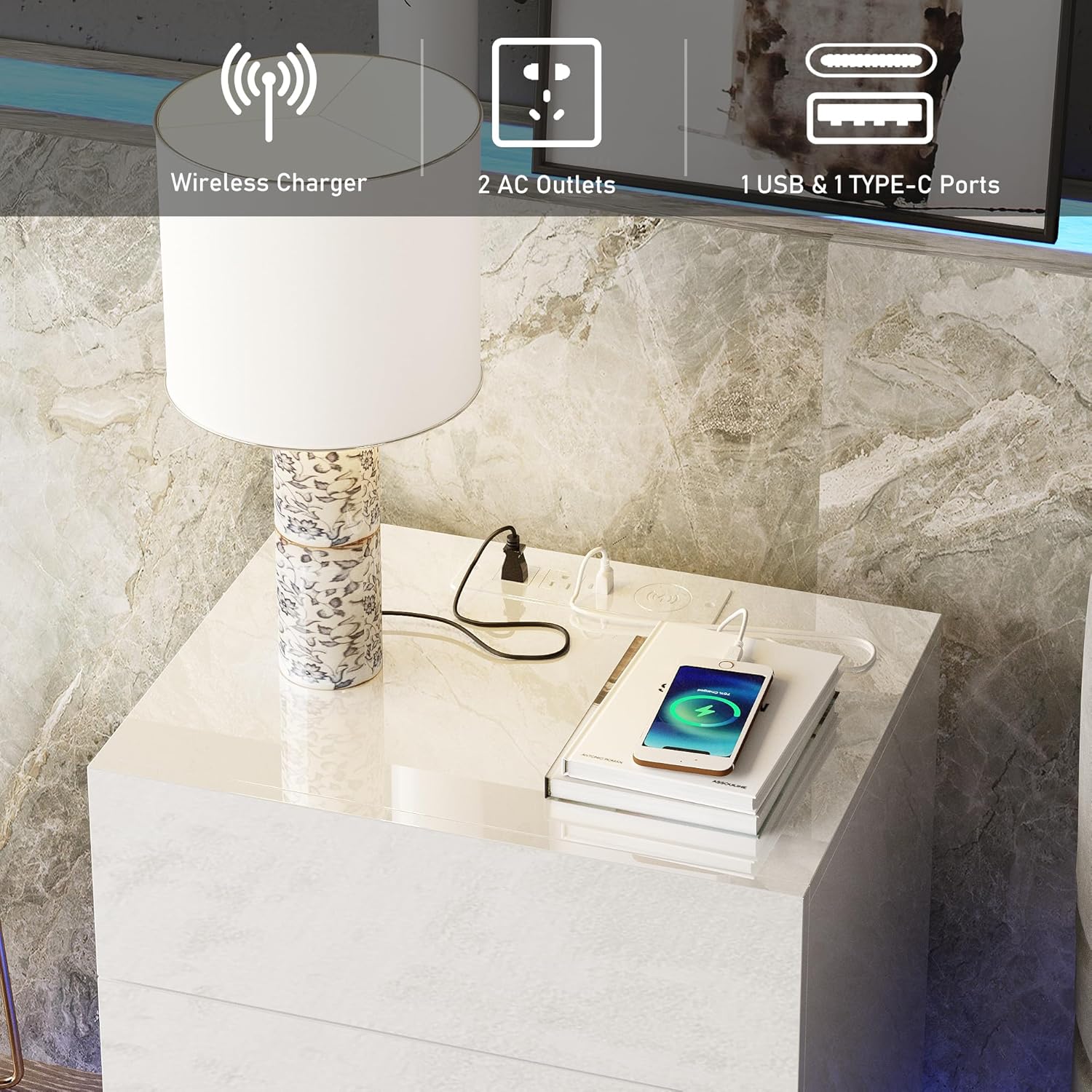 Juego de 2 mesitas de noche para dormitorio con luces LED y estación de carga inalámbrica, mesa auxiliar de 3 cajones para sala de estar con puertos
