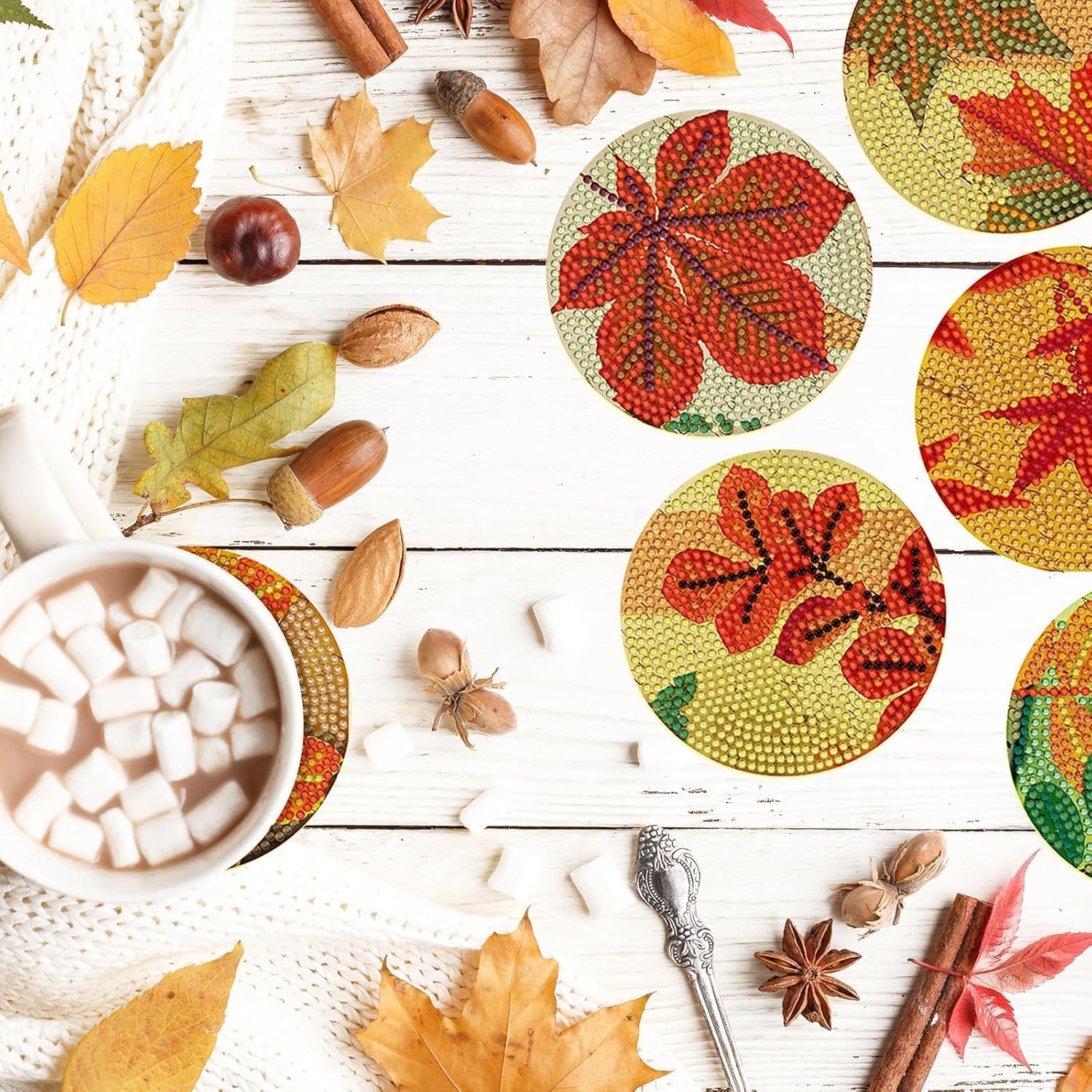8 posavasos de diamante con hojas de arce de otoño, vintage, con soporte, diseño de hojas de arce de otoño, posavasos de arte de diamante 5D,