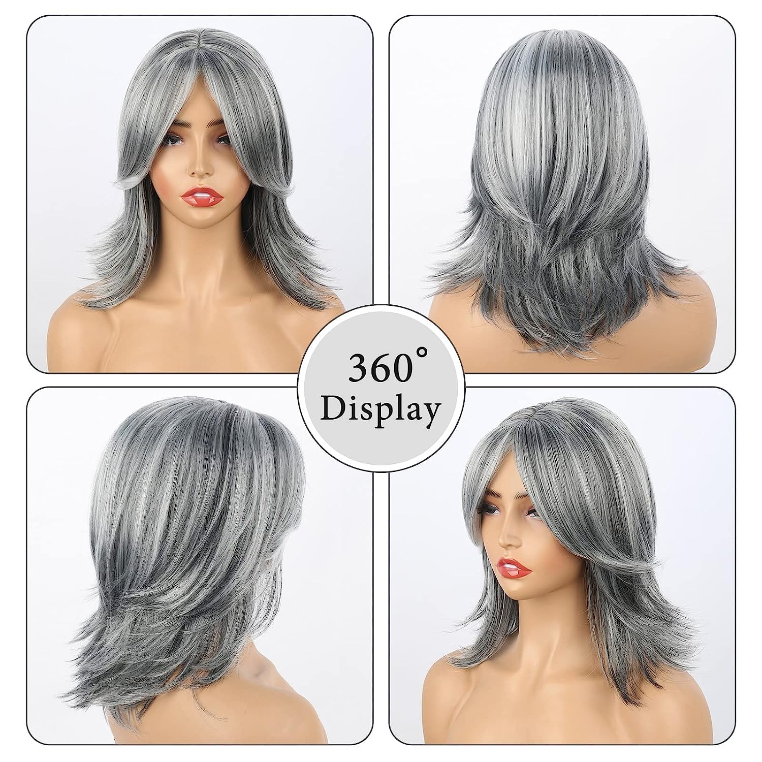 Aisaide Peluca corta gris plateado degradado con reflejos en capas con flequillo de cortina, pelucas grises para mujer, peluca gris sintético