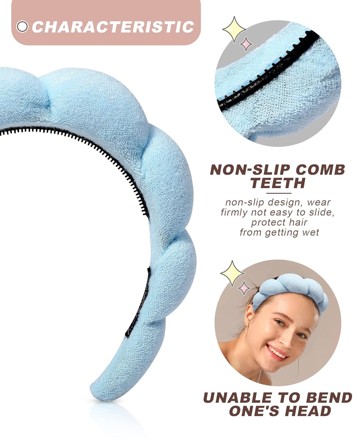 AWAYTR Diadema de esponja de spa para mujer, para lavar la cara, maquillaje de burbujas, diadema hinchada para el cuidado de la piel para niñas,