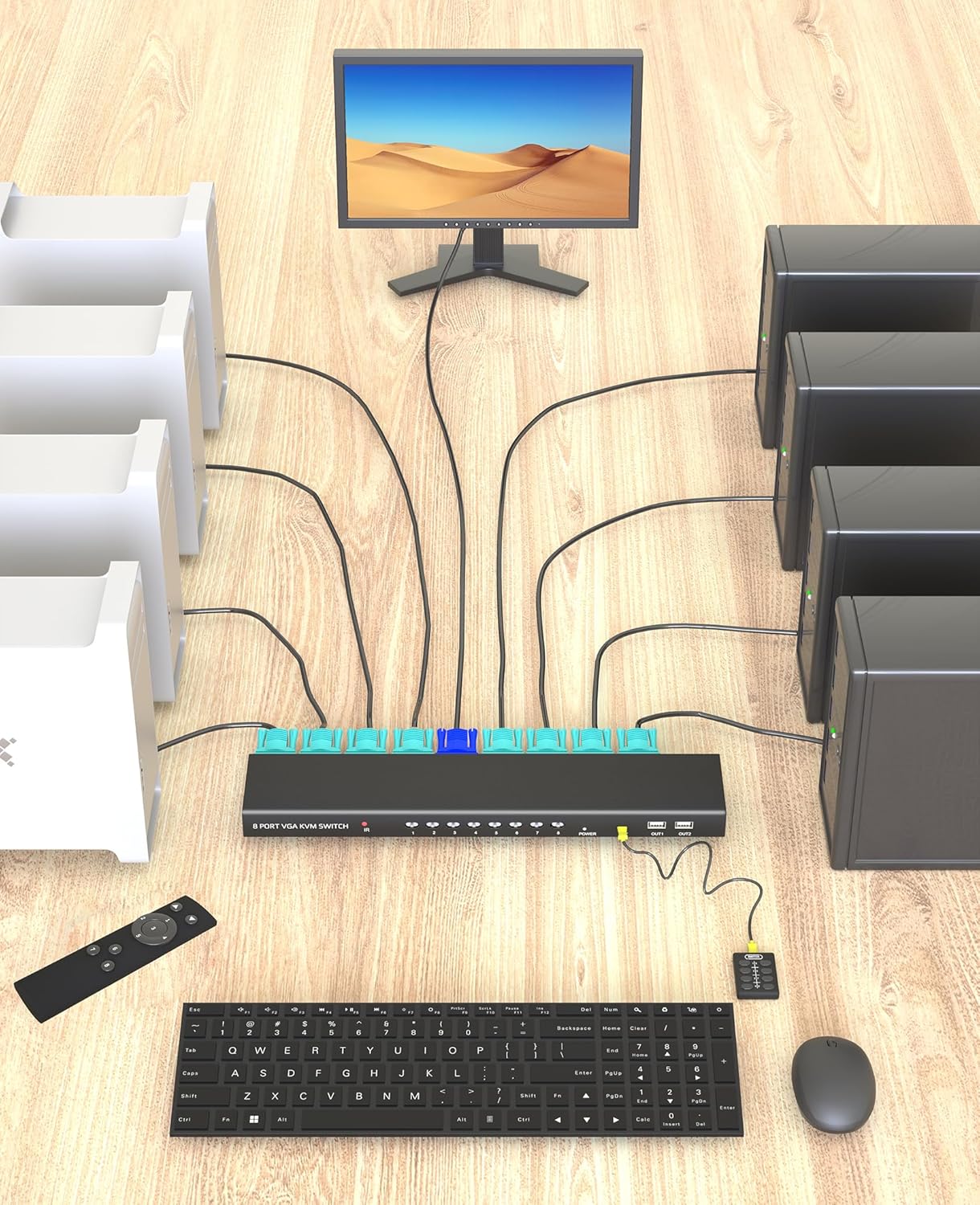 Conmutador KVM VGA de 8 puertos – Interruptor KVM con control remoto, conmutador USB 8 computadoras comparten 1 monitor, 4 concentradores USB 2.0,