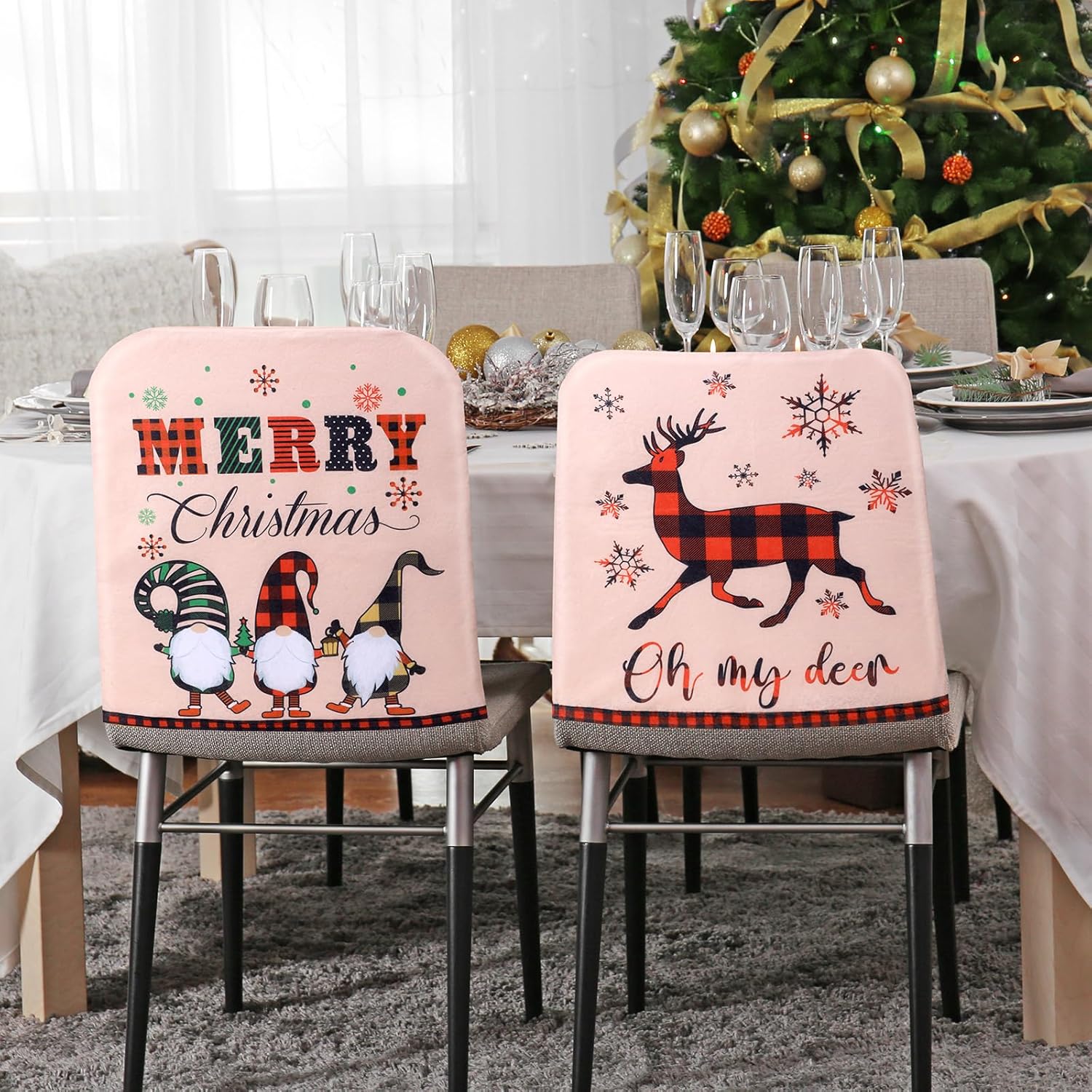 Ganeen 6 fundas para sillas de Navidad, sombrero de Papá Noel, zapatos de elfo, de fieltro a cuadros, fundas para sillas de comedor de Feliz