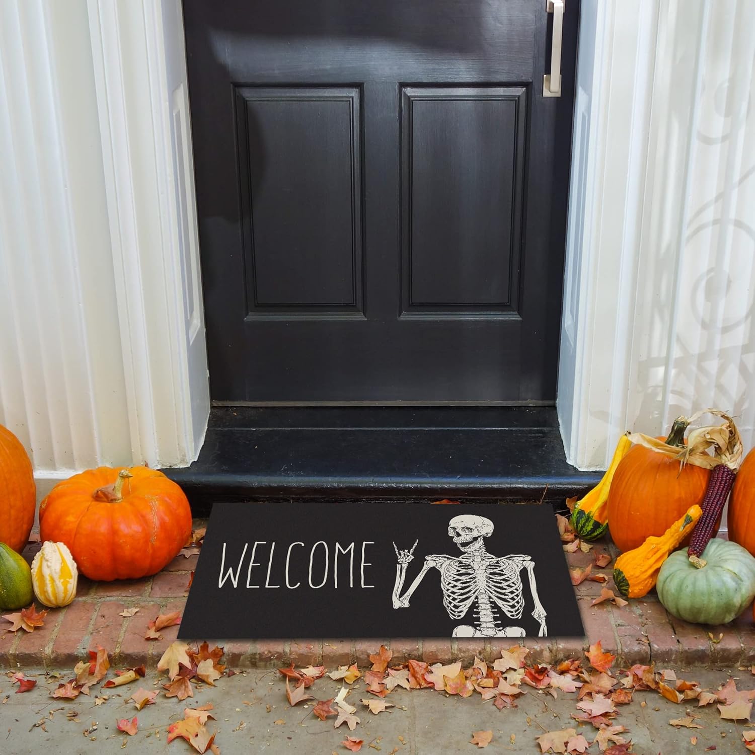 KBBMFEU Tapete de bienvenida antideslizante con diseño de calavera divertida para interiores y exteriores, decoración de fiesta de Halloween, 17 x