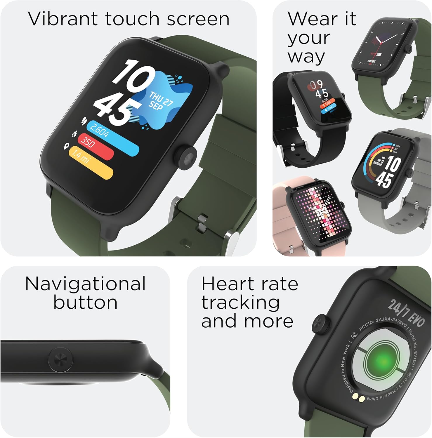 247 EVO Reloj inteligente unisex – Monitor de actividad física, monitor de frecuencia cardíaca, esfera de reloj personalizable, rastreador de